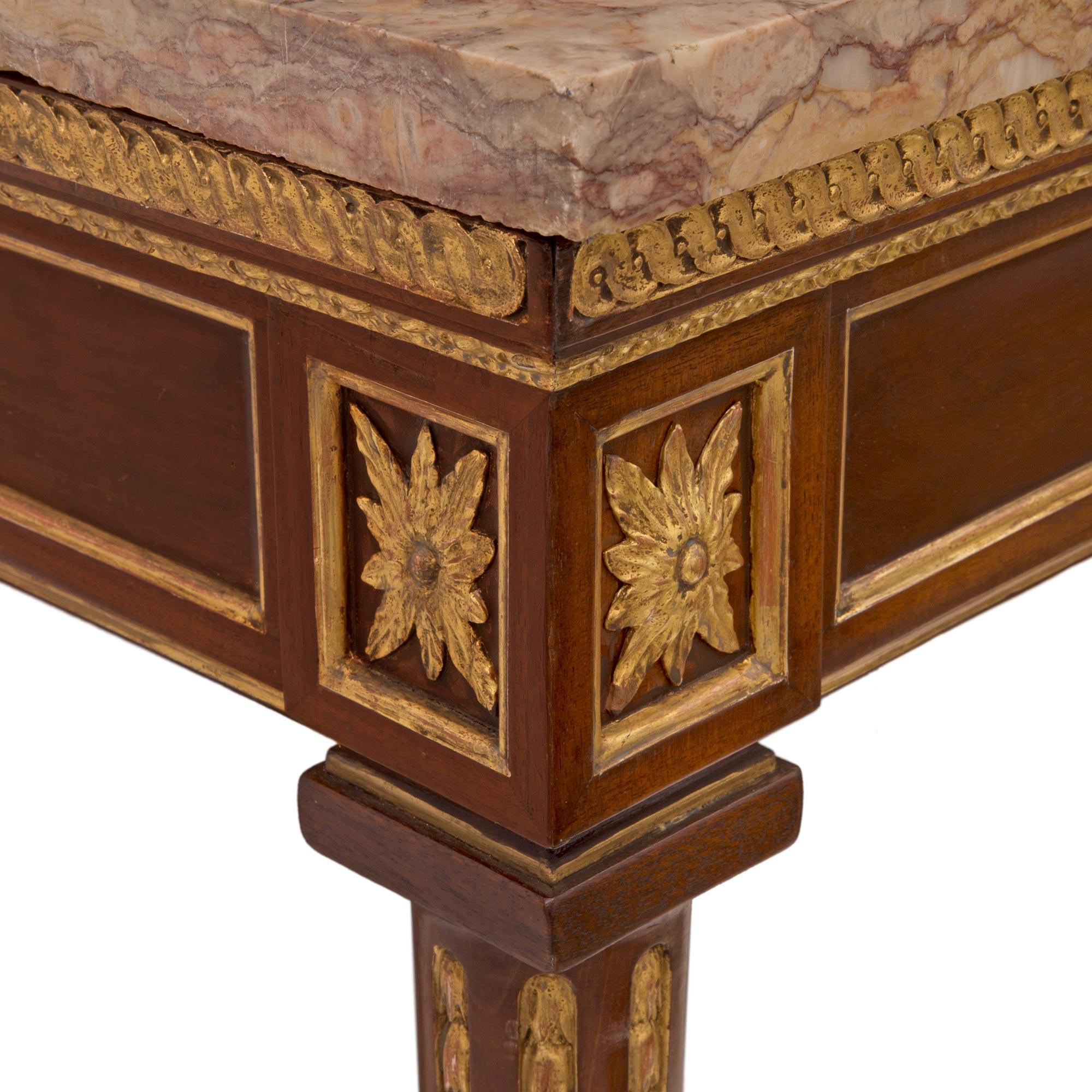 Italian 18th Century Louis XVI St. Walnut, Giltwood and Marble Center Table For Sale 1