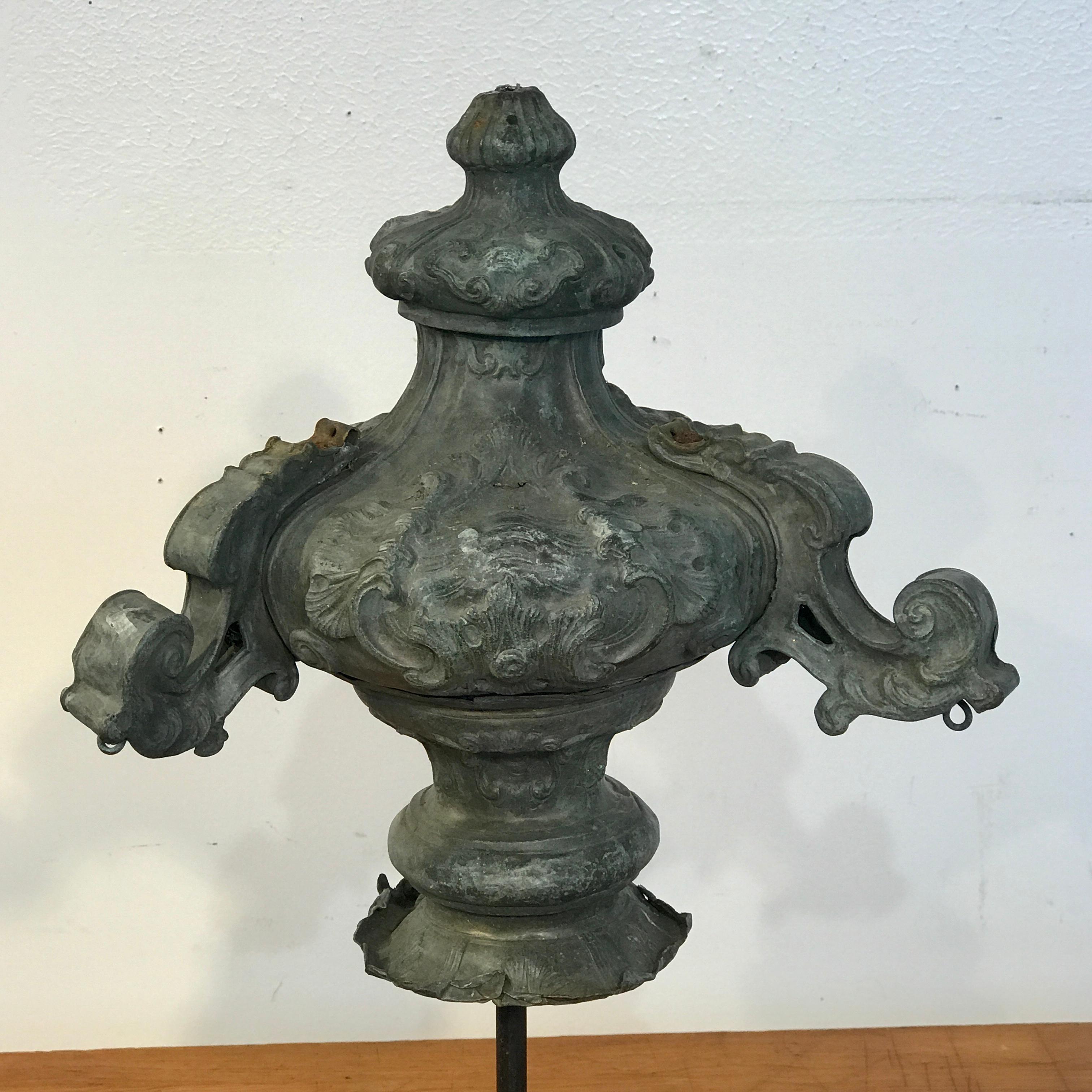 Italian 18th century mounted fragment of a copper sanctuary font, beautifully chased and distressed objet museum mounted on custom 6.5