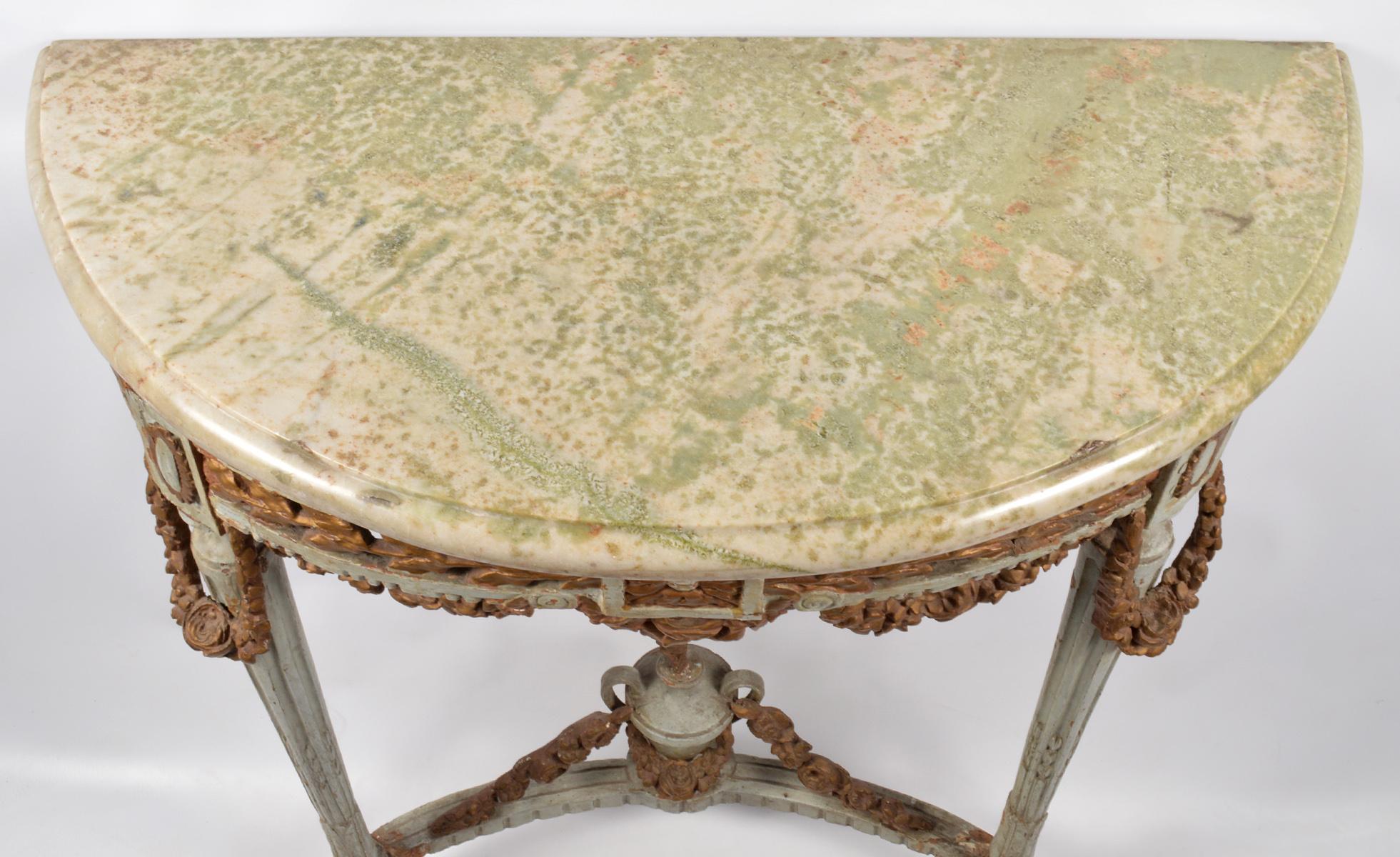 Italian 18th Century Neoclassical Marble Top Paint and Parcel Gilt Console Table In Fair Condition In Ft. Lauderdale, FL