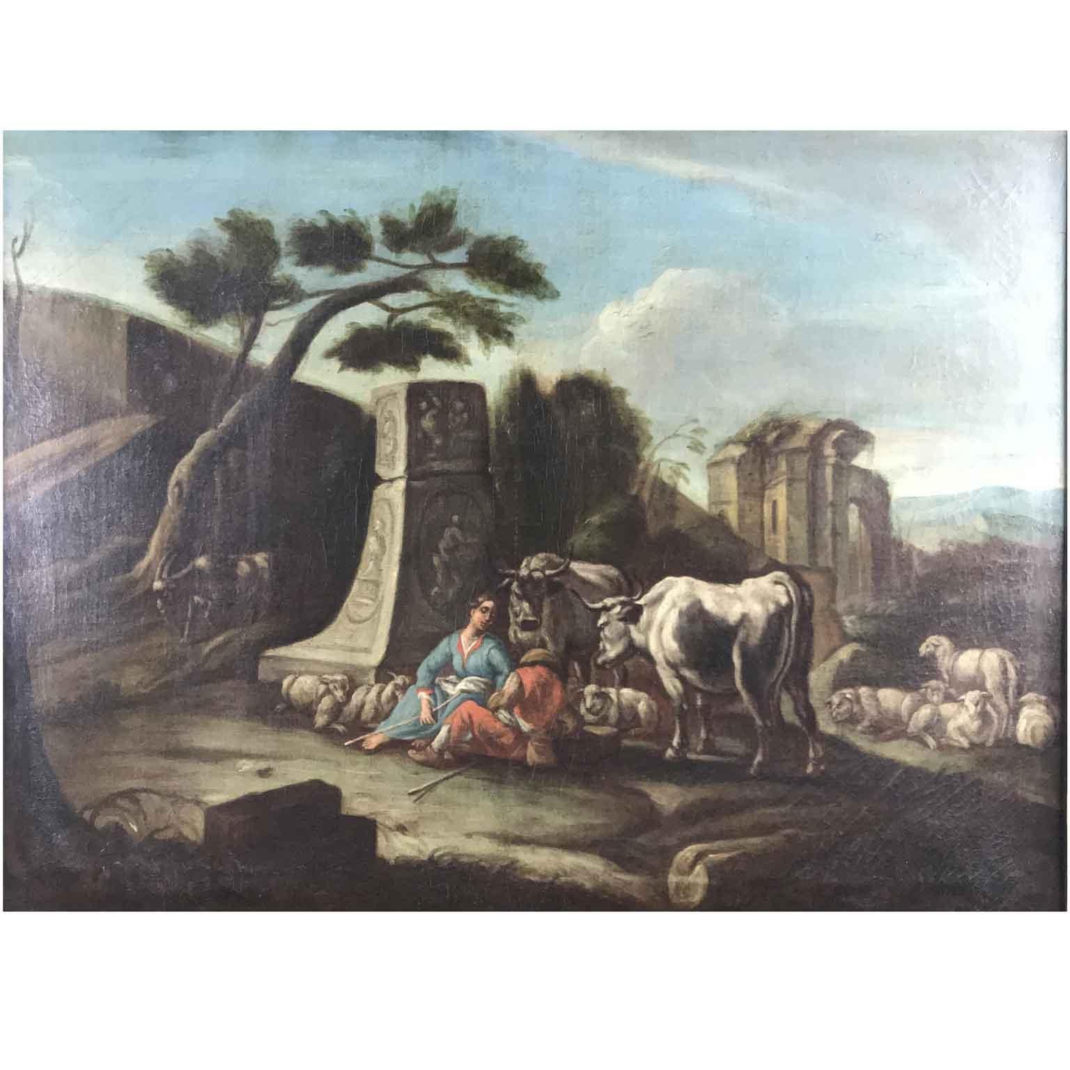 Antique Italian oil on canvas landscape with ruins, characters, and herds dating back to late 18th century, with original antique wooden frame, depicting two resting shepherds closed to ruins, a column with bas-relief decoration, cows, goats and