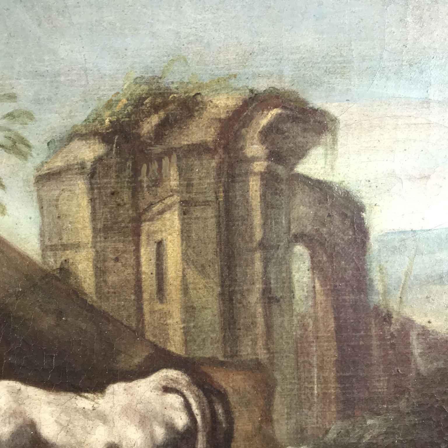Canvas Italian 18th Century Neoclassical Bucolic Landscape with Ruins Figures Herds