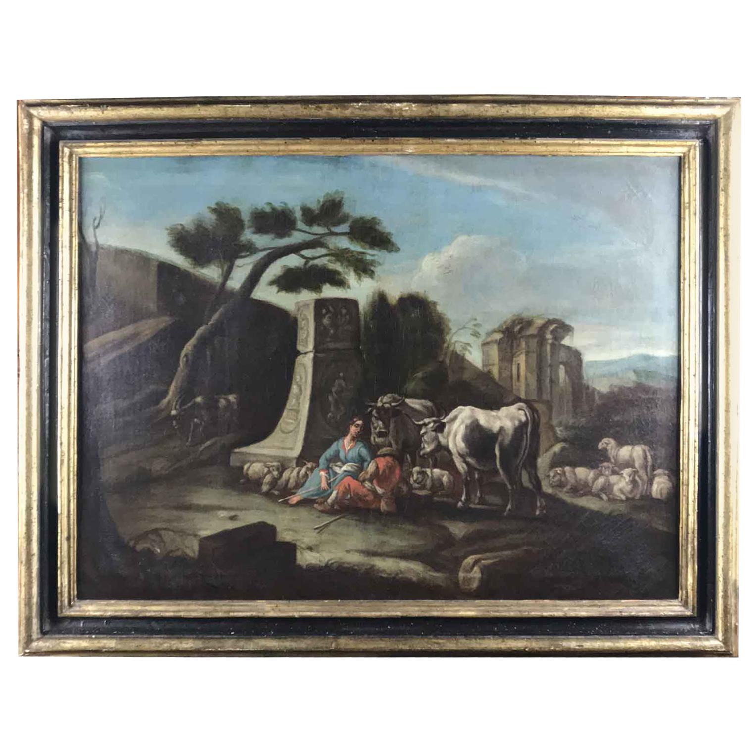Italian 18th Century Neoclassical Bucolic Landscape with Ruins Figures Herds