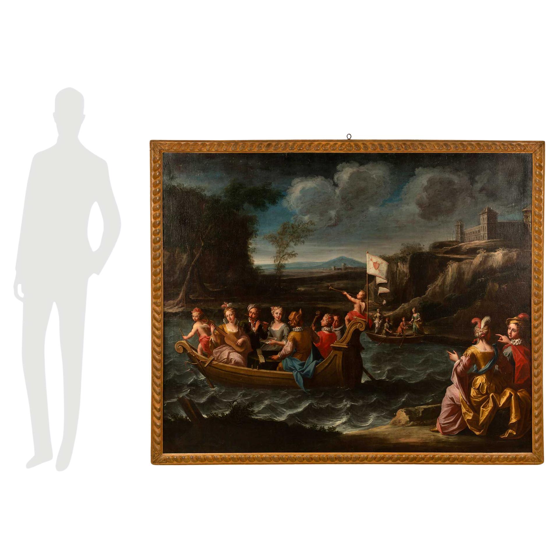 A sensational and large scale Italian 18th century oil on canvas from the Piedmont region. The beautiful painting is set in its original polychrome frame which displays a lovely carved beaded design. The wonderfully executed painting depicts