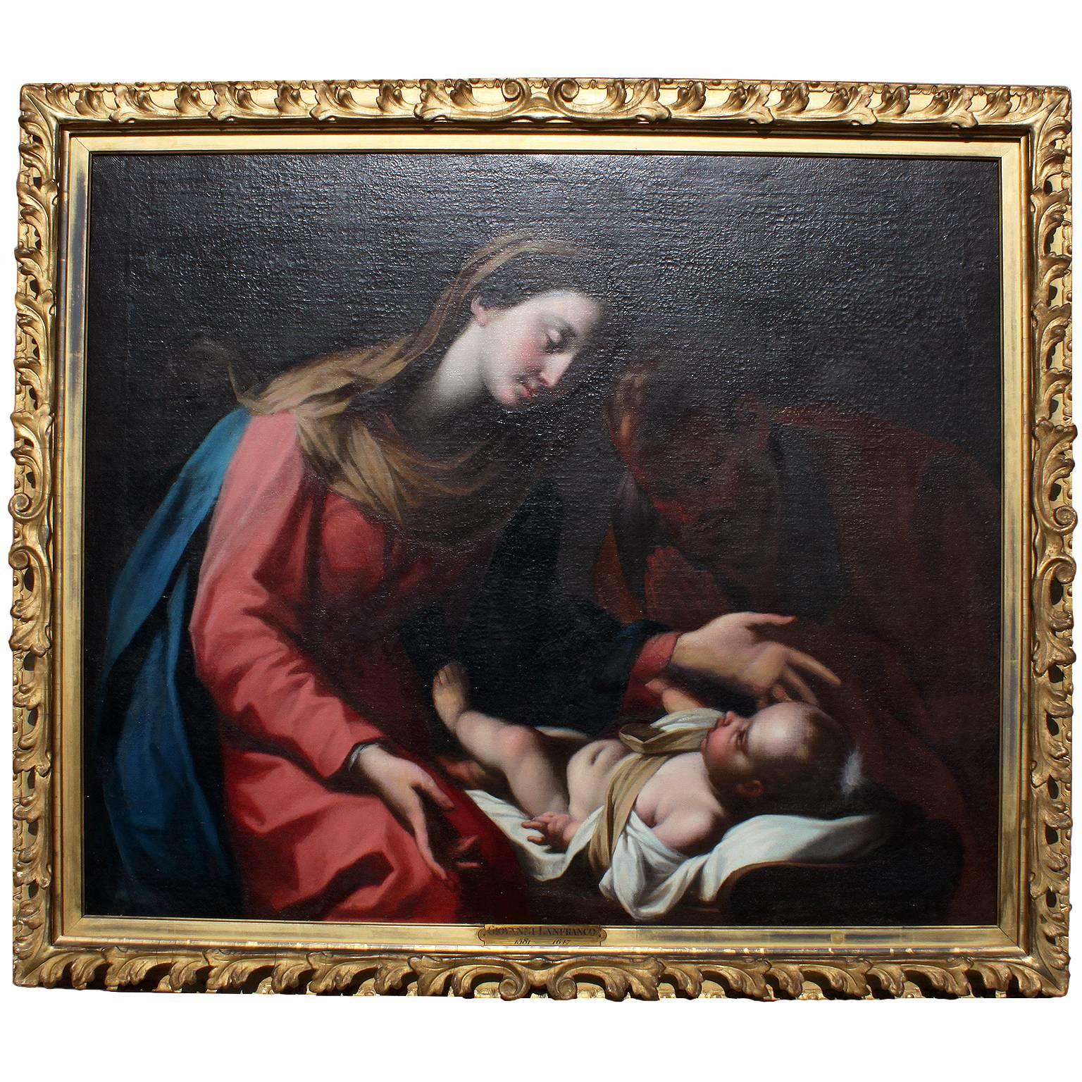 Óleo sobre lienzo italiano del siglo XVIII "Virgen con el Niño" según Giovanni Lanfranco