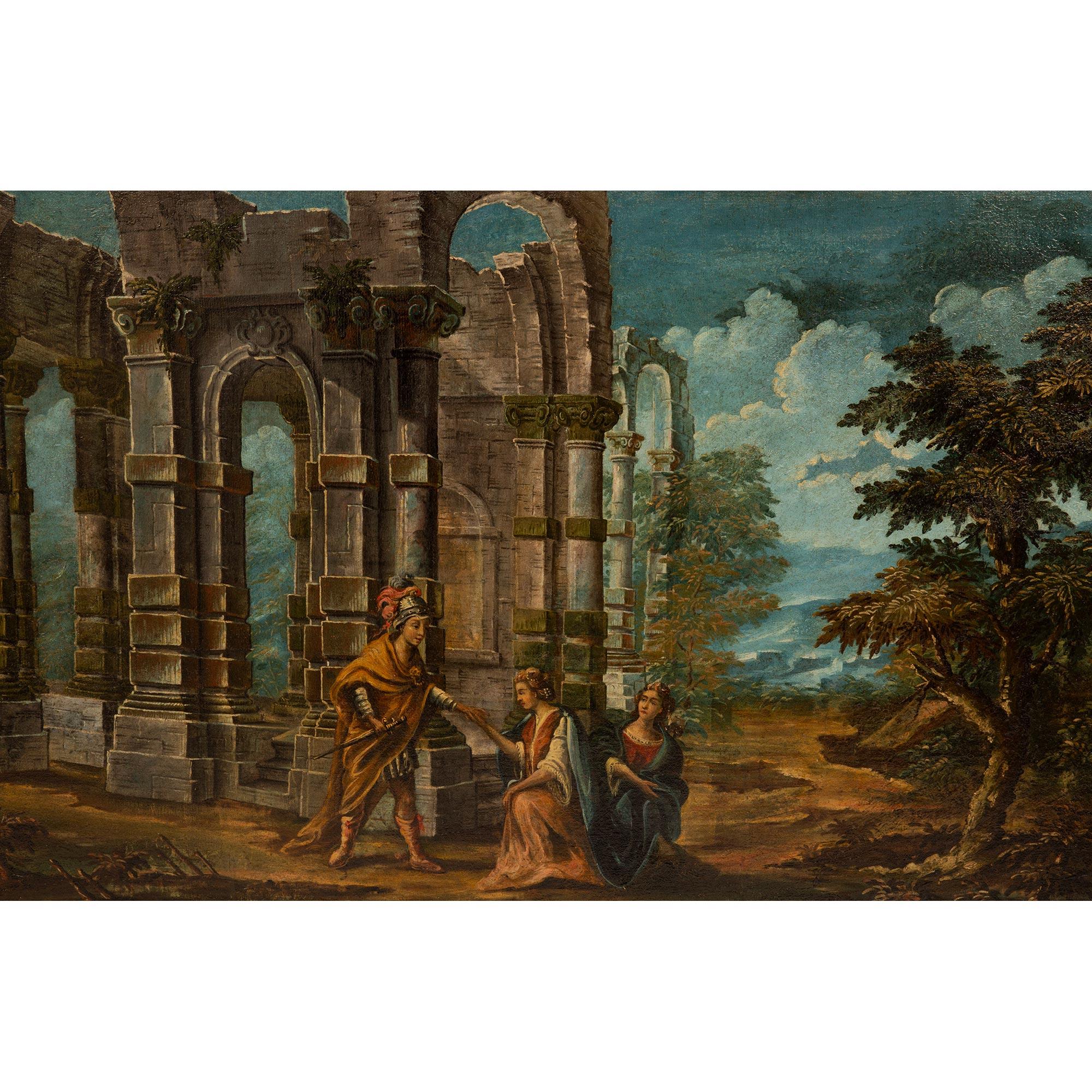 Italian 18th Century Oil on Canvas Painting of Ruins and Figures In Good Condition For Sale In West Palm Beach, FL