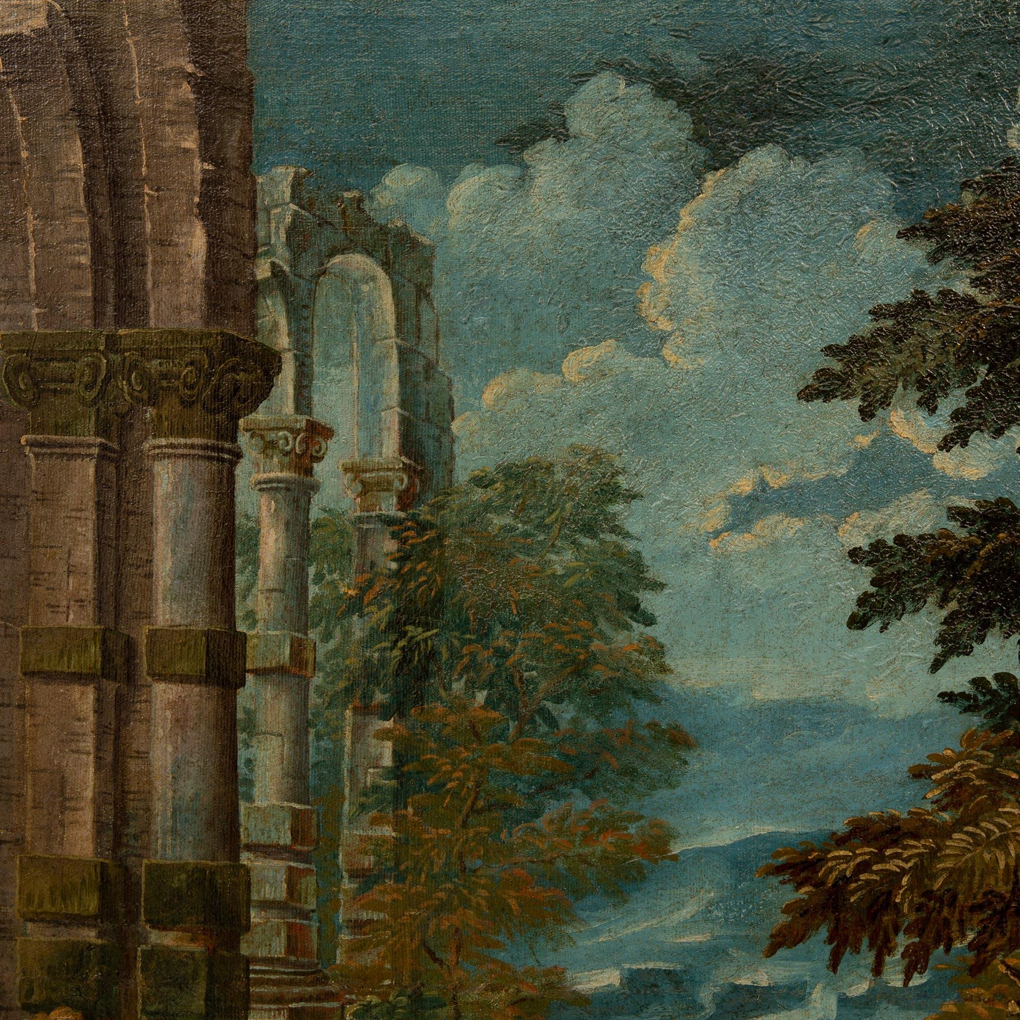 XVIIIe siècle et antérieur Huile sur toile italienne du 18ème siècle représentant des ruines et des personnages en vente