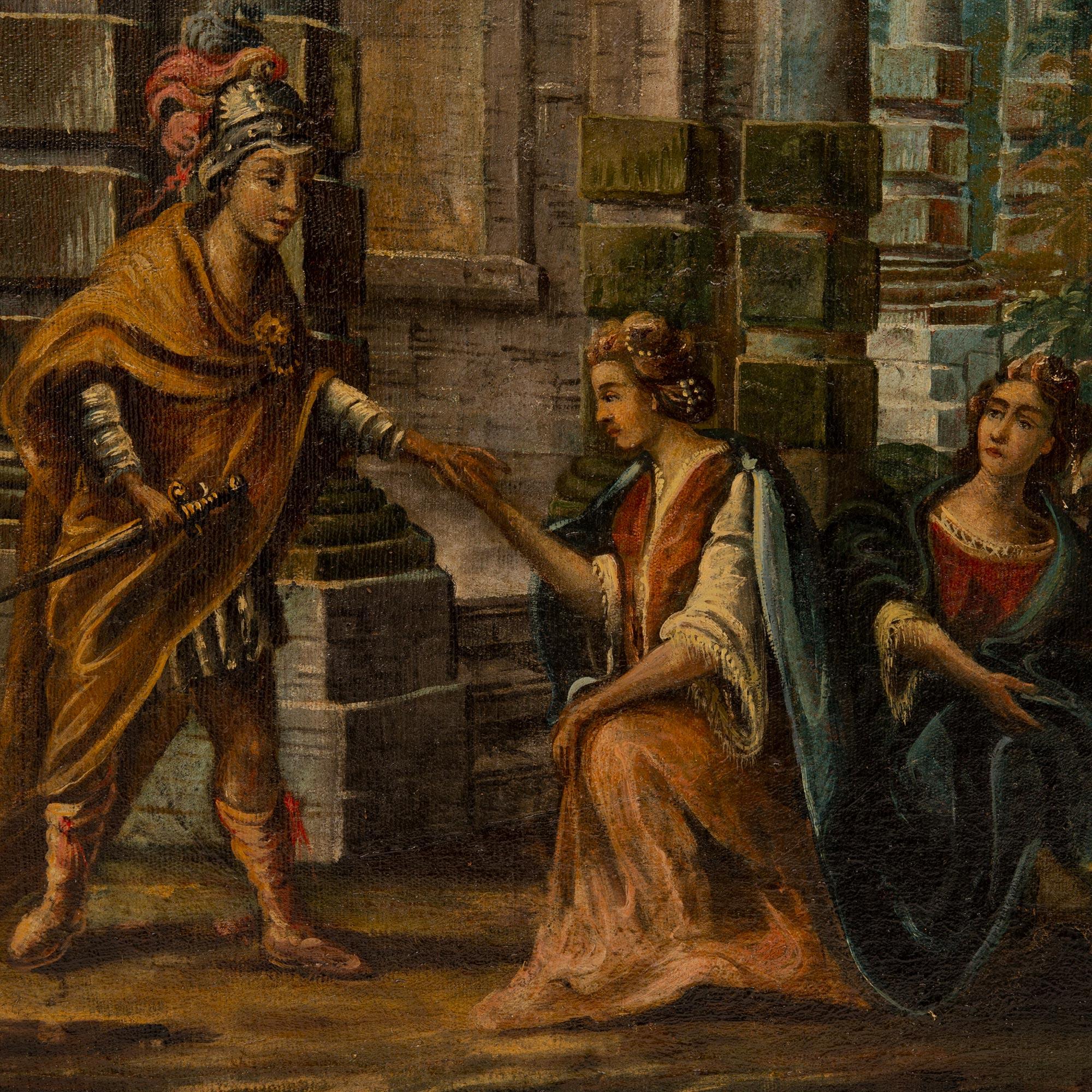 Huile sur toile italienne du 18ème siècle représentant des ruines et des personnages en vente 1