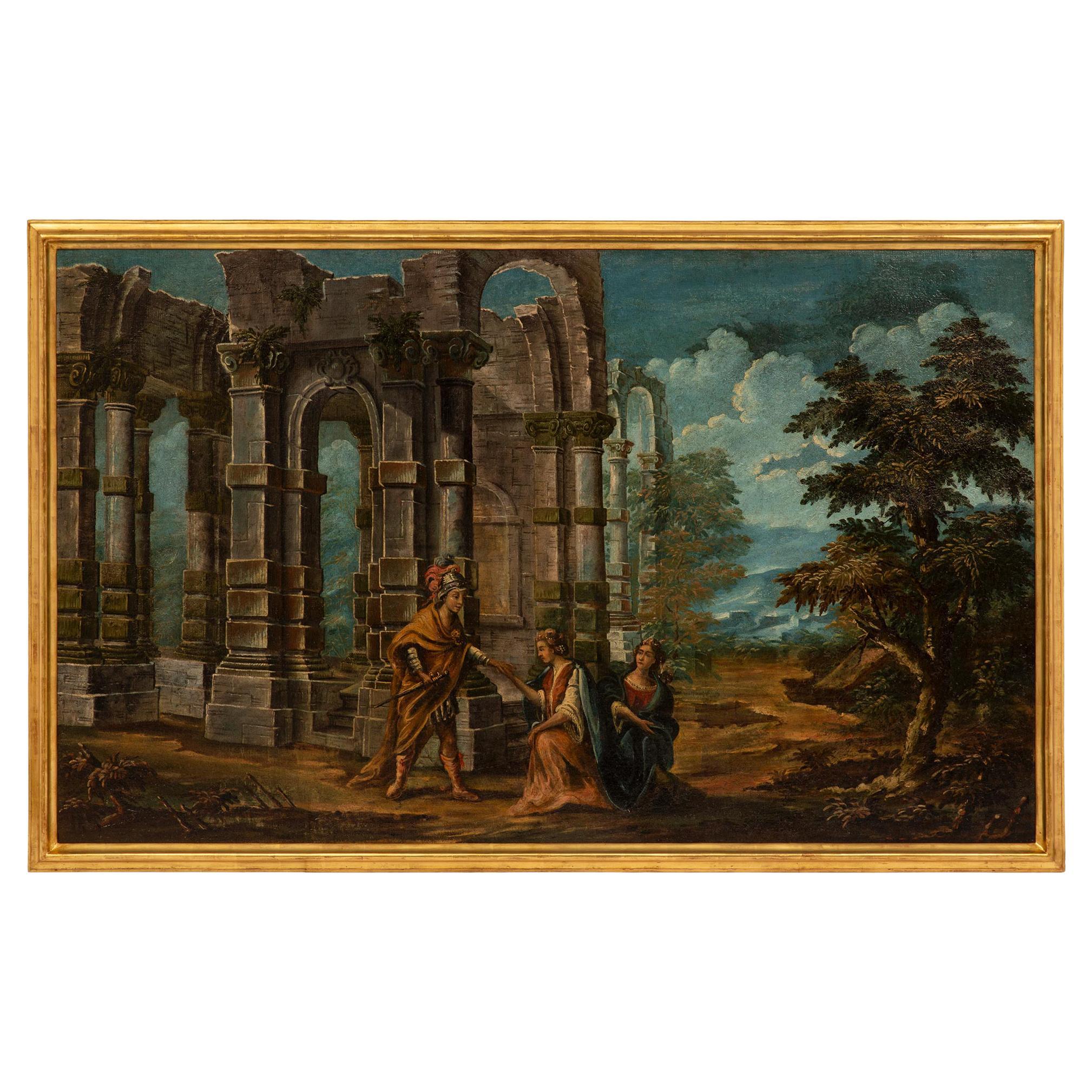 Huile sur toile italienne du 18ème siècle représentant des ruines et des personnages en vente