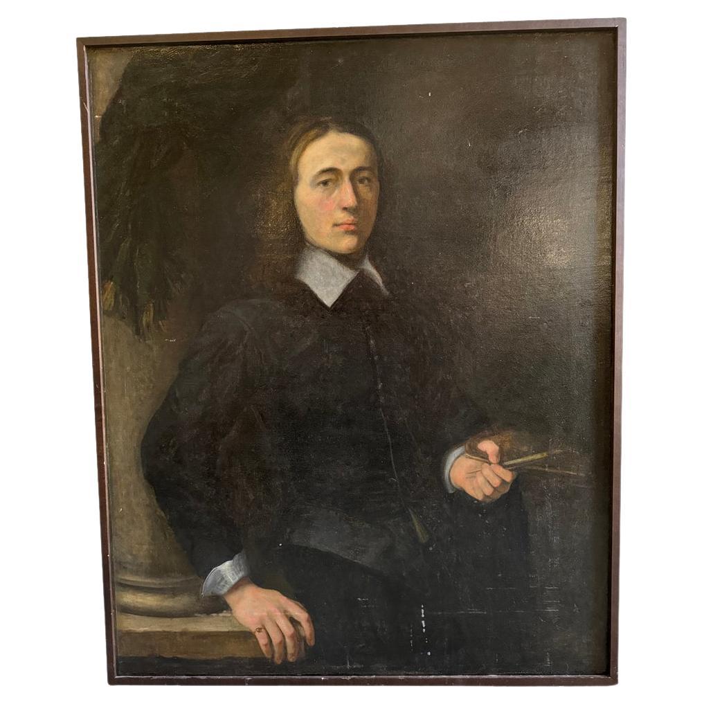 Pintura al óleo sobre lienzo del siglo XVIII procedente de Florencia, Italia. Maravilloso retrato de un artista con sus pinceles y su paleta de pintor en la mano. Una obra de arte tenue y tranquila. 