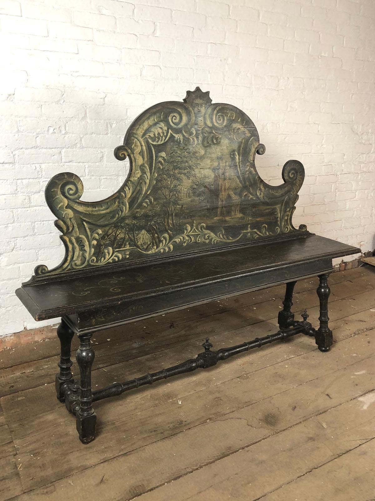 Pine Italian 18th Century Painted Baroque Hall Bench For Sale