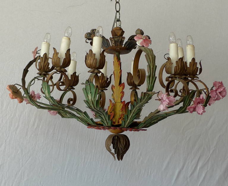 Italian 18th century painted metal chandelier with pink porcelain flowers.