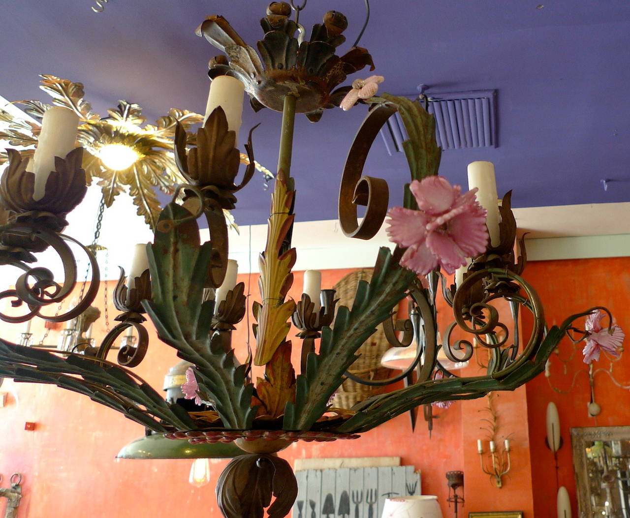 Tin Italian 18th Century Painted Metal Chandelier with Pink Porcelain Flowers