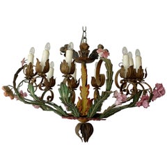 Italian 18th Century Painted Metal Chandelier with Pink Porcelain Flowers