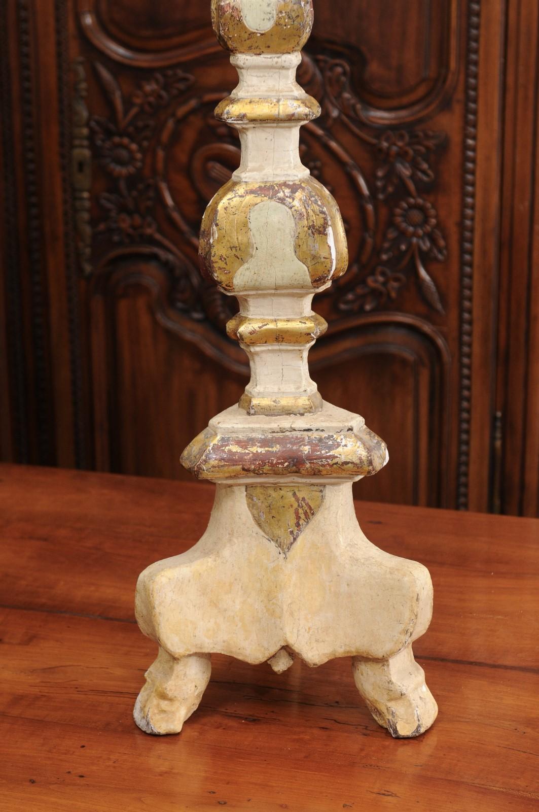 18th Century and Earlier Italian 18th Century Painted Wood Candlestick from Tuscany with Gilt Accents For Sale