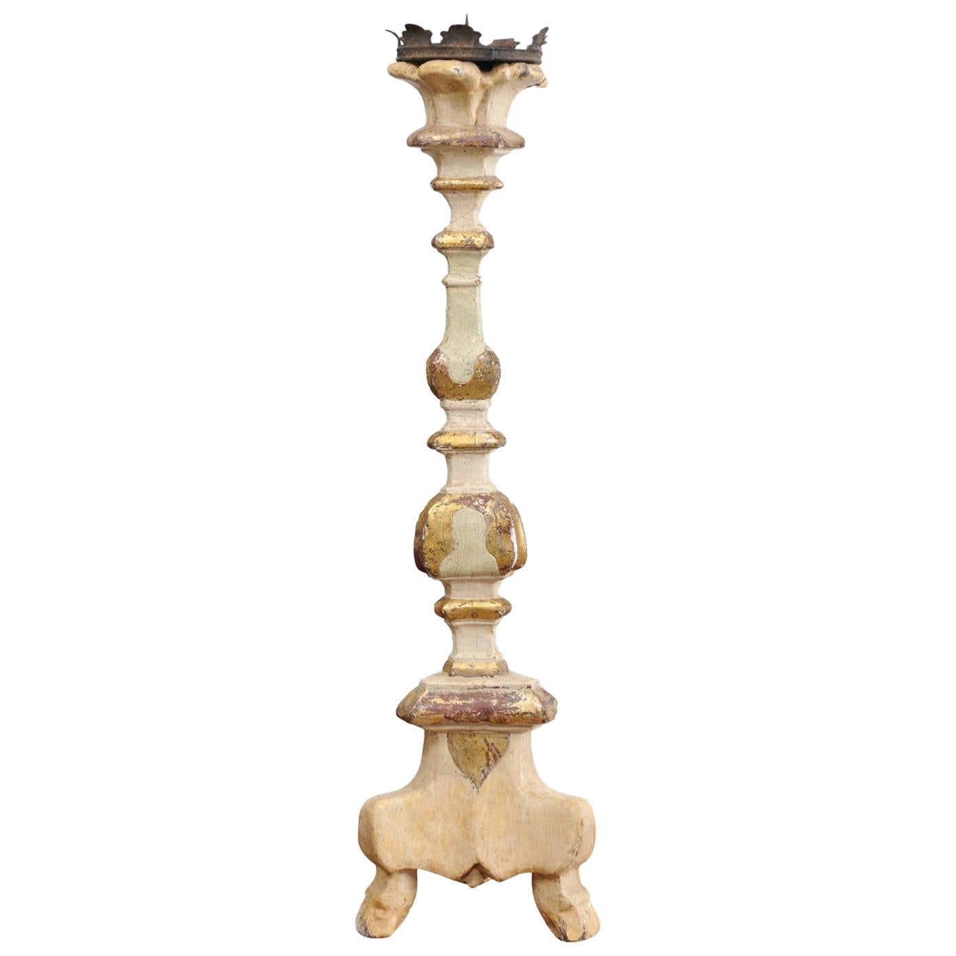 Italian 18th Century Painted Wood Candlestick from Tuscany with Gilt Accents