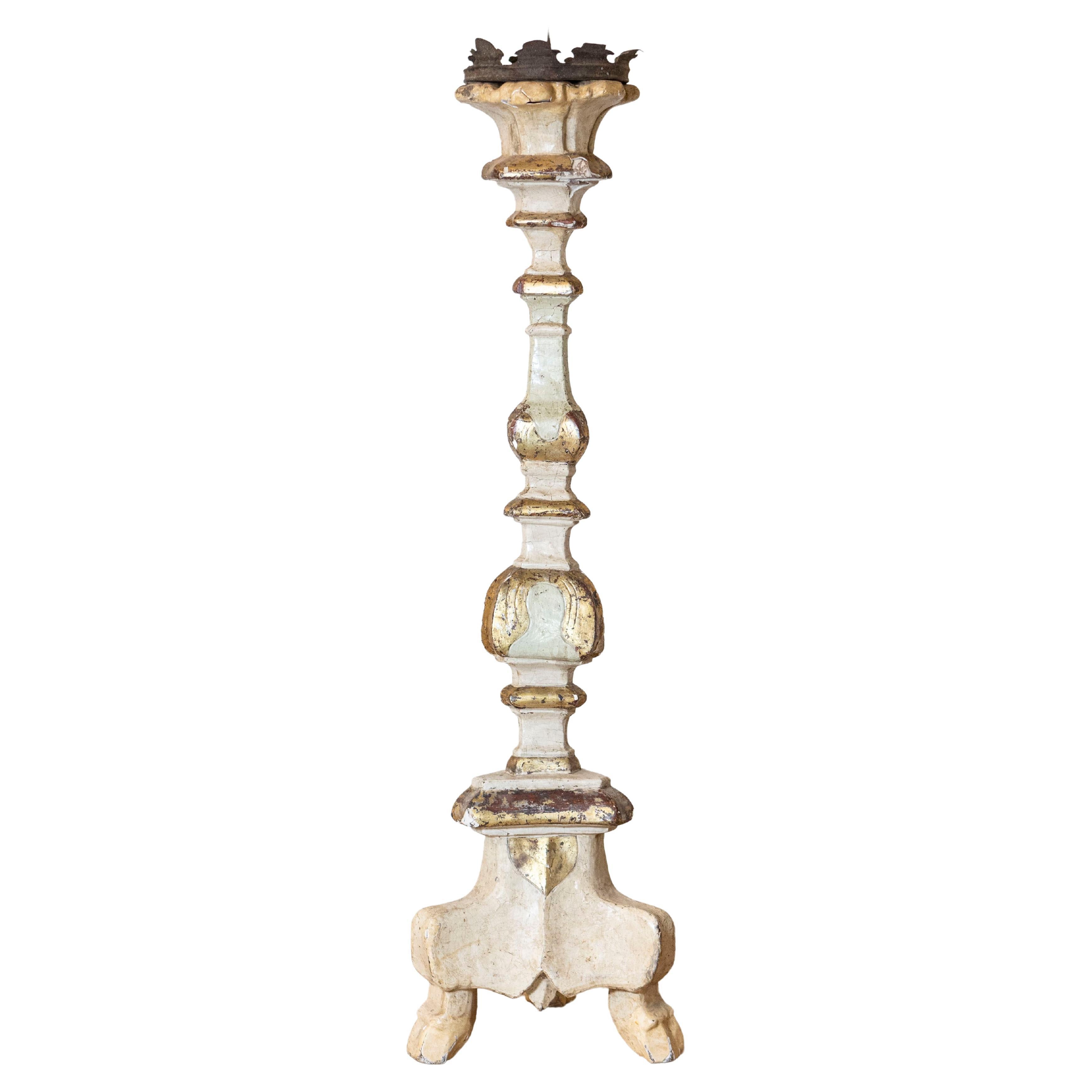 Italian 18th Century Painted Wood Candlestick from Tuscany with Gilt Accents