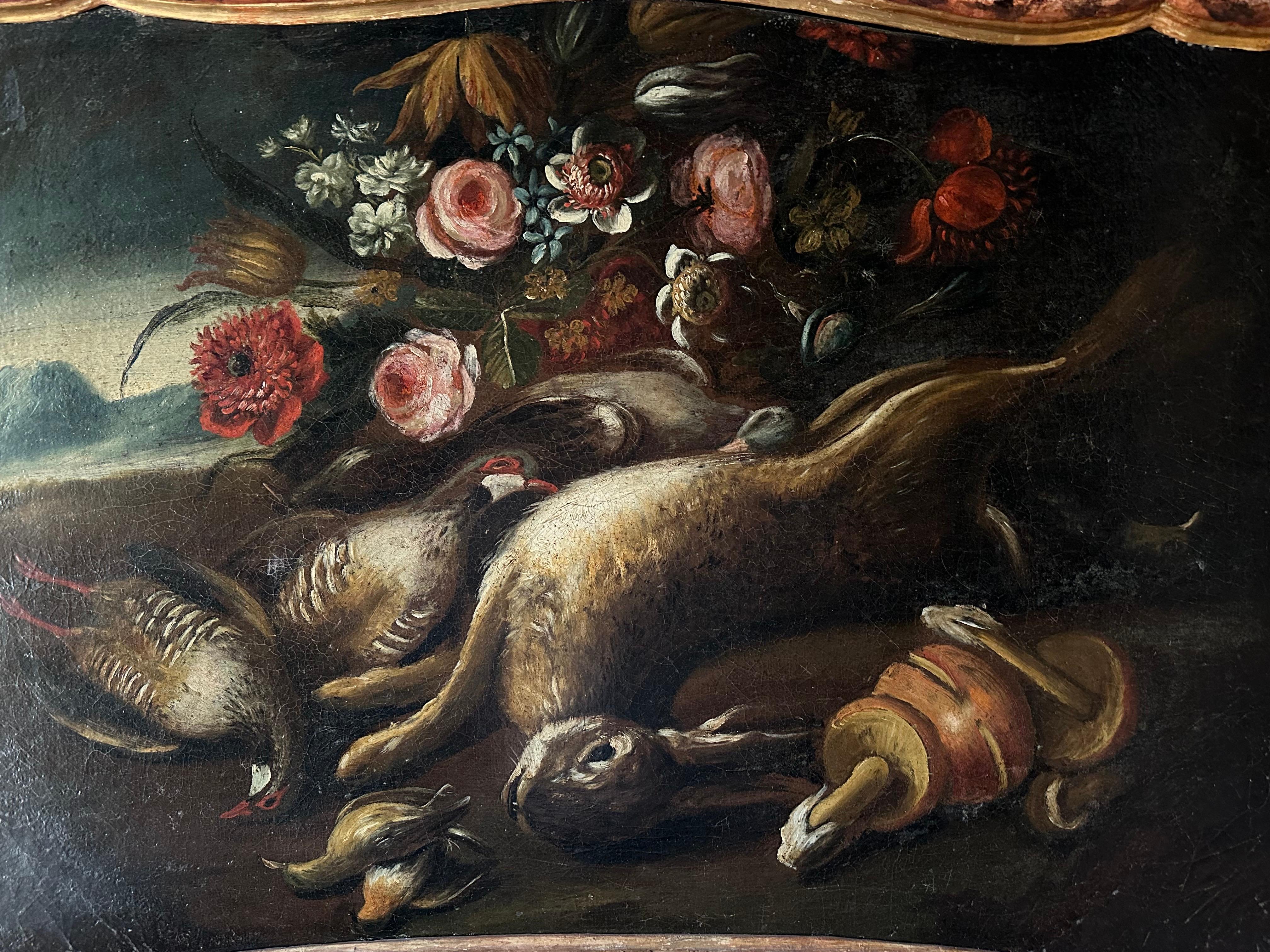 Raffinato dipinto ad olio italiano del XVIII secolo Gioco morto con natura morta di fiori - Painting di Italian 18th Century