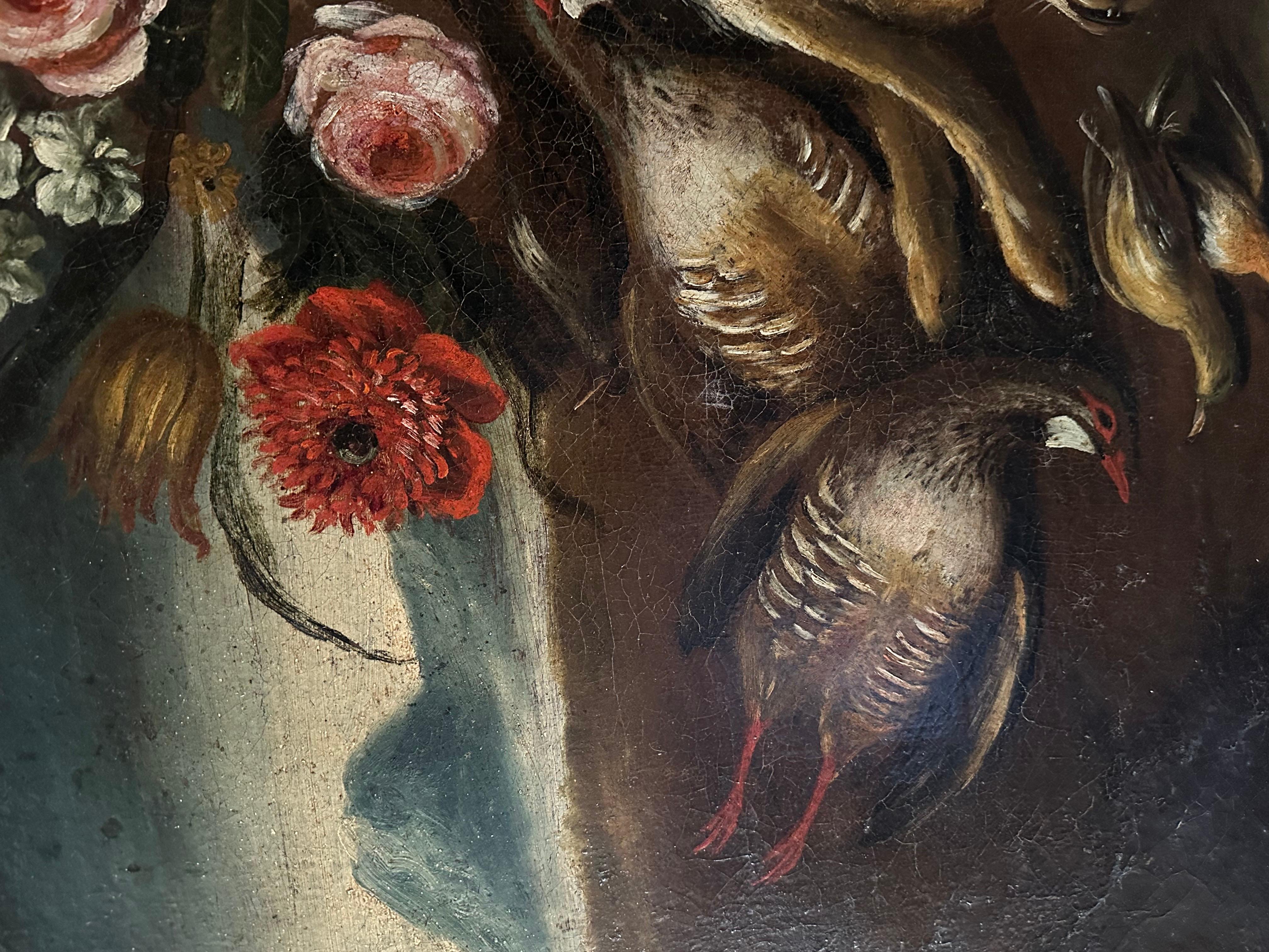 Raffinato dipinto ad olio italiano del XVIII secolo Gioco morto con natura morta di fiori - Animal Painting Nero di Italian 18th Century
