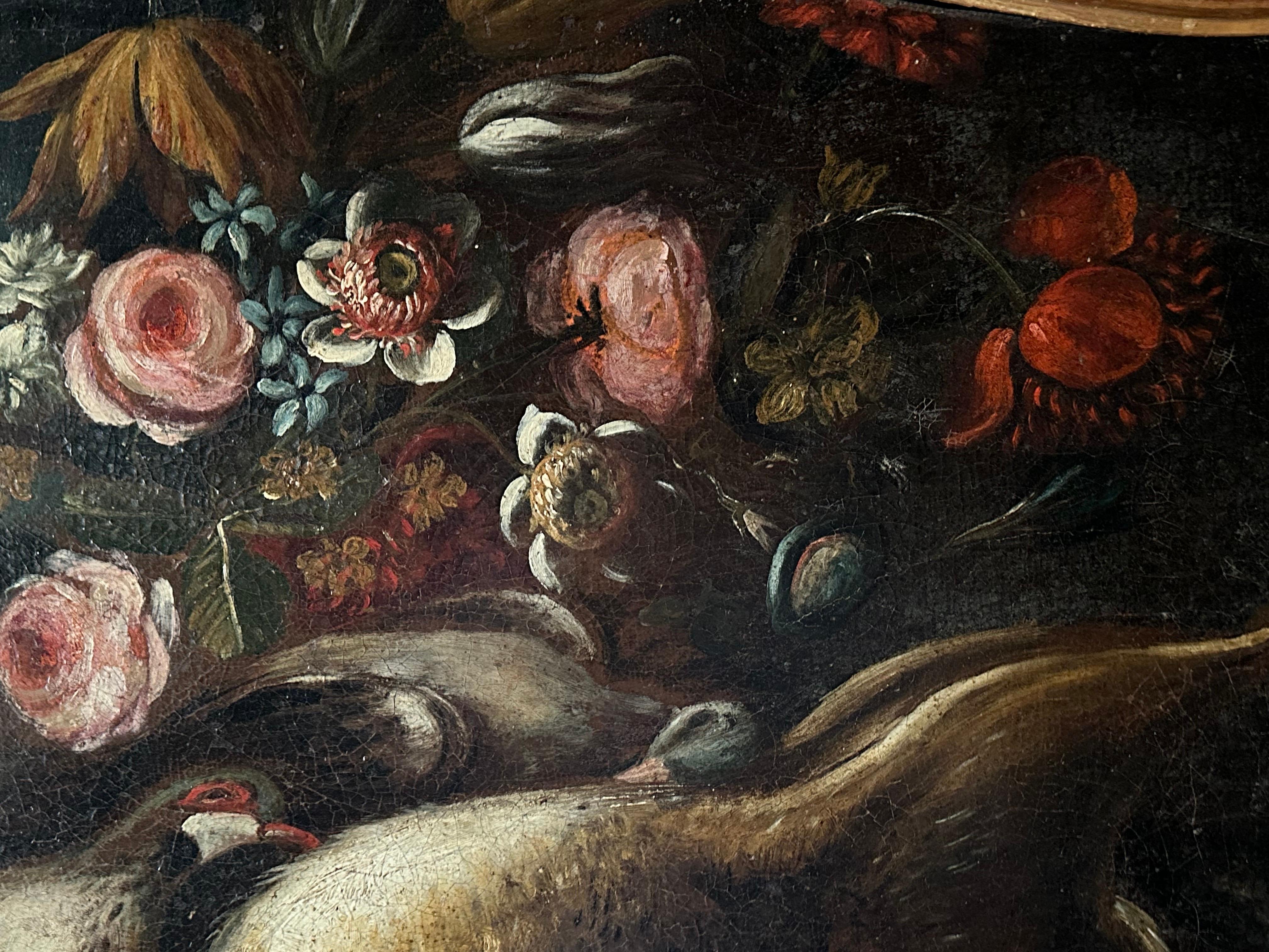 Raffinato dipinto ad olio italiano del XVIII secolo Gioco morto con natura morta di fiori 1