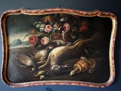 Antique Fine 18th Century Italian Oil Painting Dead Game with Still Life Flowers