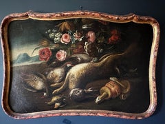 Raffinato dipinto ad olio italiano del XVIII secolo Gioco morto con natura morta di fiori