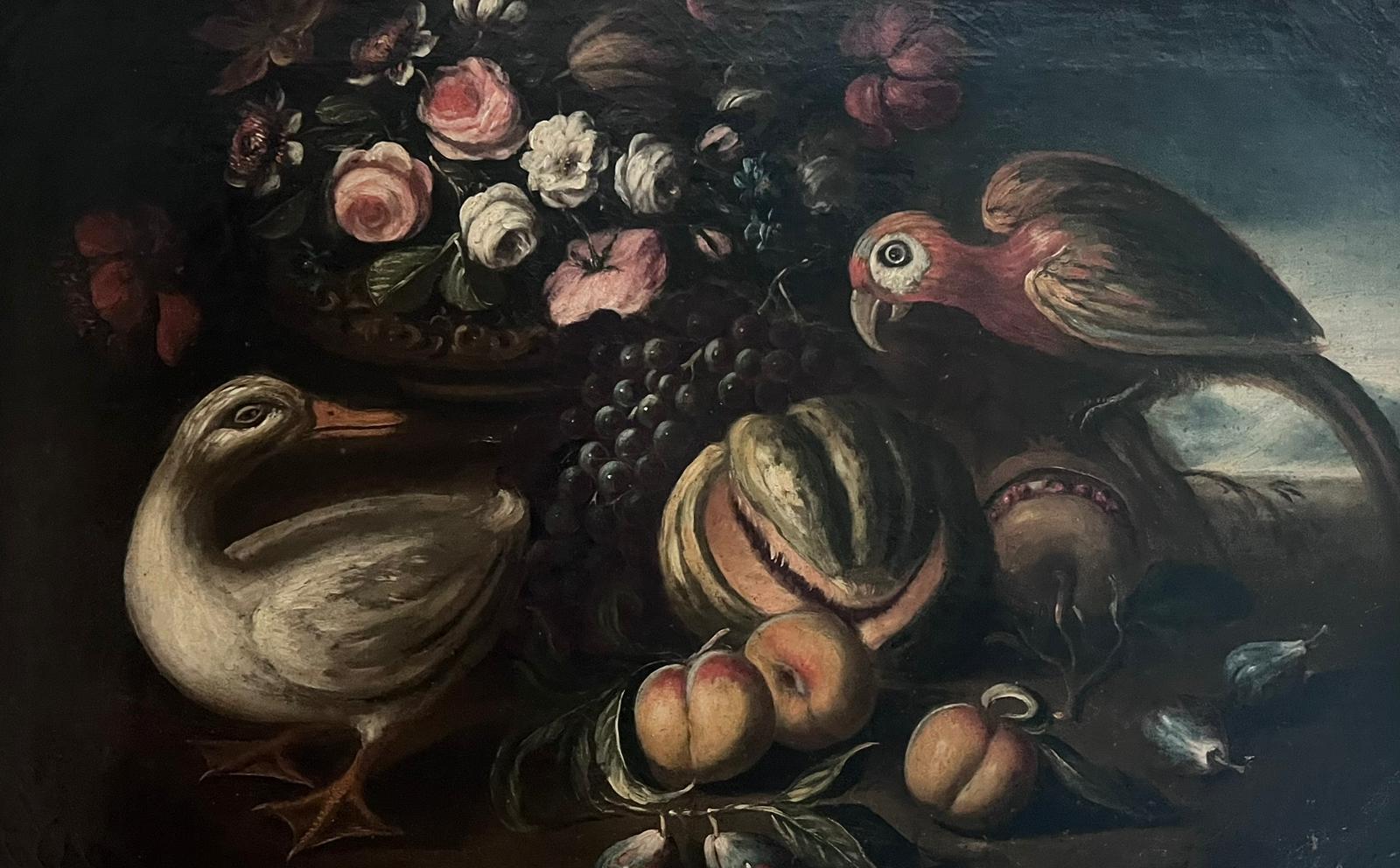 Raffinato dipinto a olio italiano del XVIII secolo Uccelli esotici con natura morta di frutta - Painting di Italian 18th Century