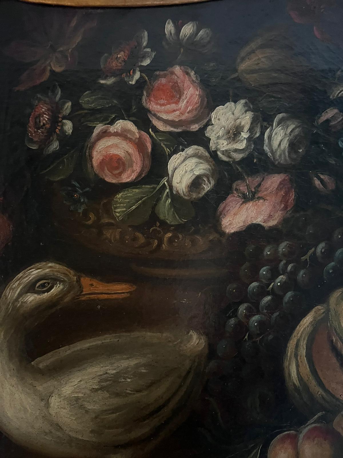 Raffinato dipinto a olio italiano del XVIII secolo Uccelli esotici con natura morta di frutta - Animal Painting Nero di Italian 18th Century