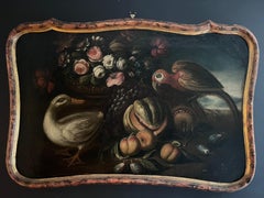 Belle peinture à l'huile italienne du 18ème siècle, oiseaux exotiques avec natures mortes et fruits