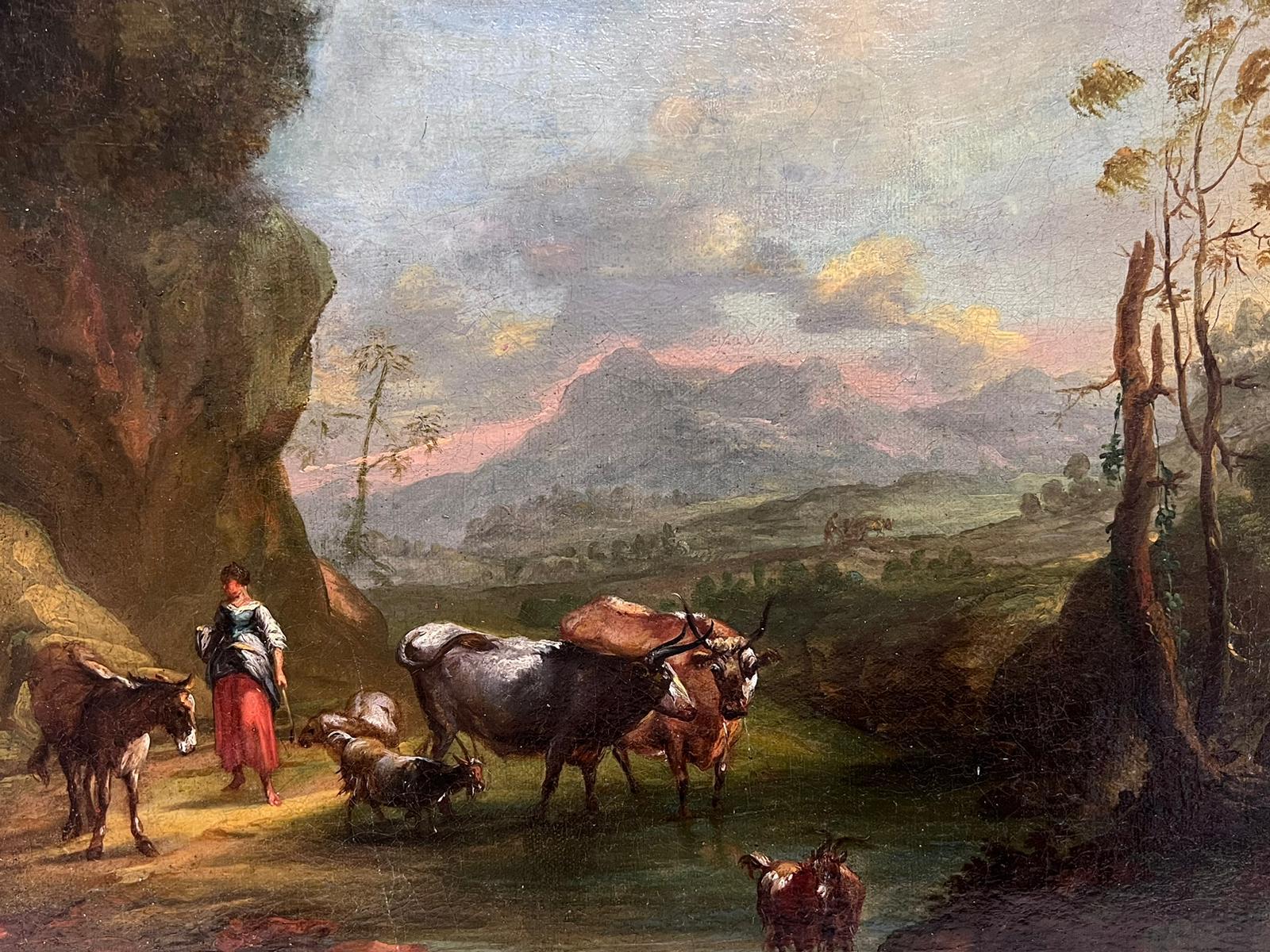 Fine Italian 18th Century Old Master Oil Painting Berghers with Animals Sunset (peinture à l'huile du 18e siècle avec des animaux au coucher du soleil)  en vente 1