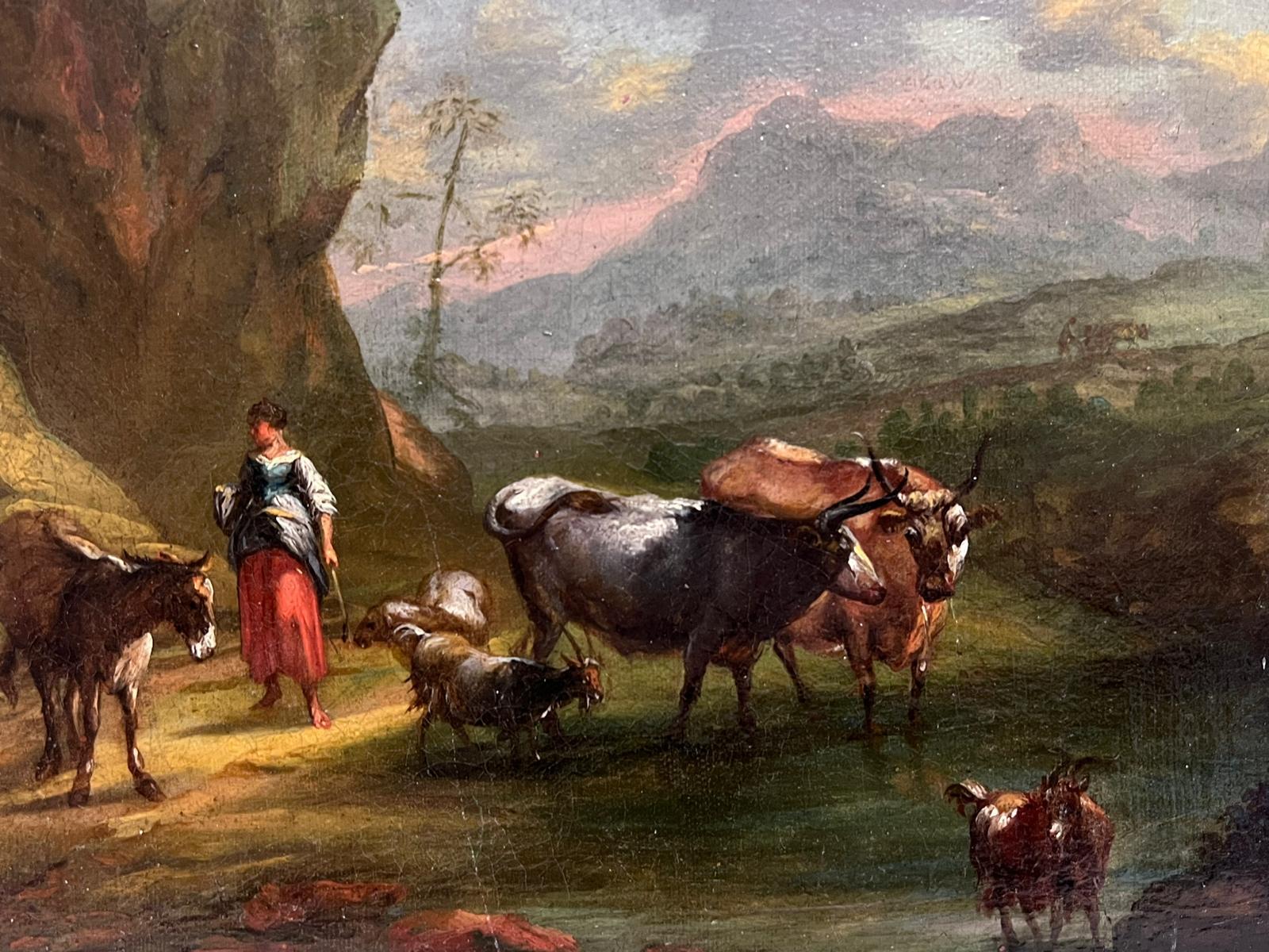Fine Italian 18th Century Old Master Oil Painting Berghers with Animals Sunset (peinture à l'huile du 18e siècle avec des animaux au coucher du soleil)  en vente 2