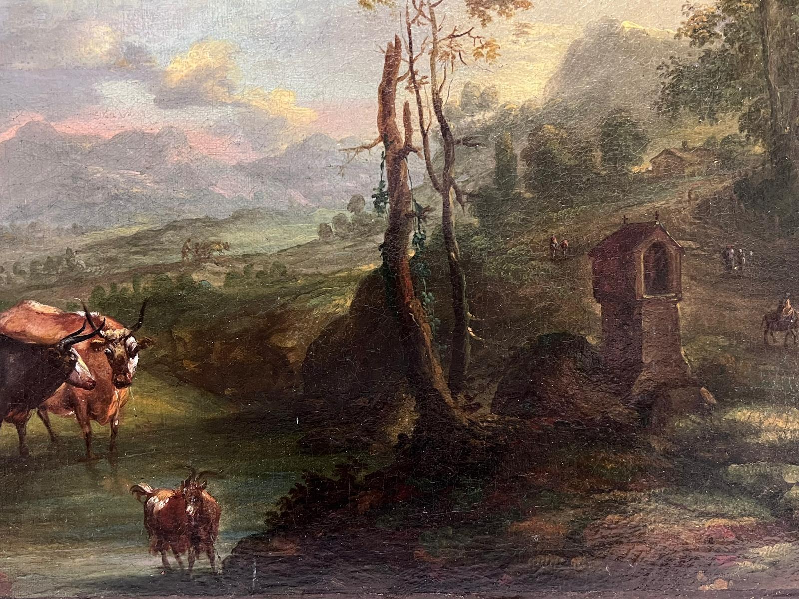 Fine Italian 18th Century Old Master Oil Painting Berghers with Animals Sunset (peinture à l'huile du 18e siècle avec des animaux au coucher du soleil)  en vente 3
