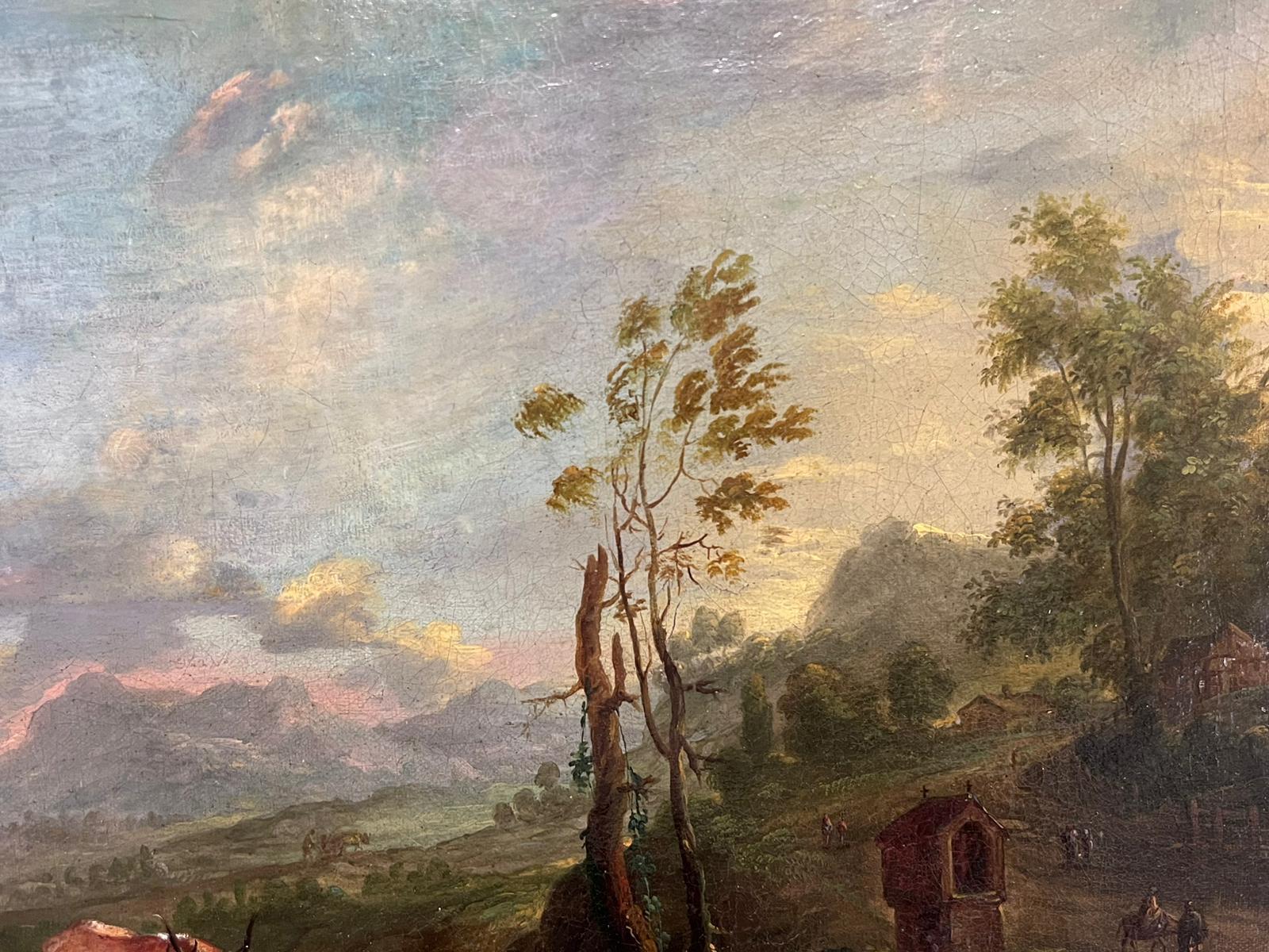 Fine Italian 18th Century Old Master Oil Painting Berghers with Animals Sunset (peinture à l'huile du 18e siècle avec des animaux au coucher du soleil)  en vente 4