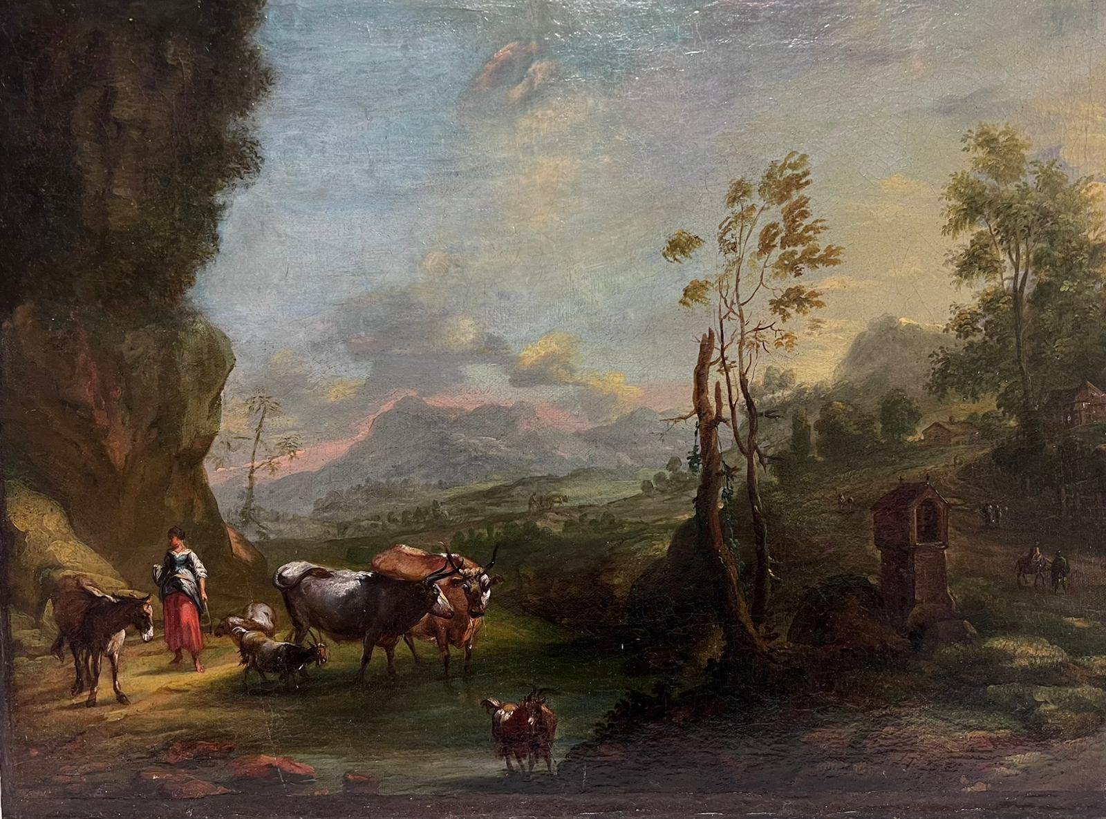 Landscape Painting de Italian 18th Century - Pintura al óleo al viejo maestro italiano del siglo XVIII Bereberes con animales Puesta de sol