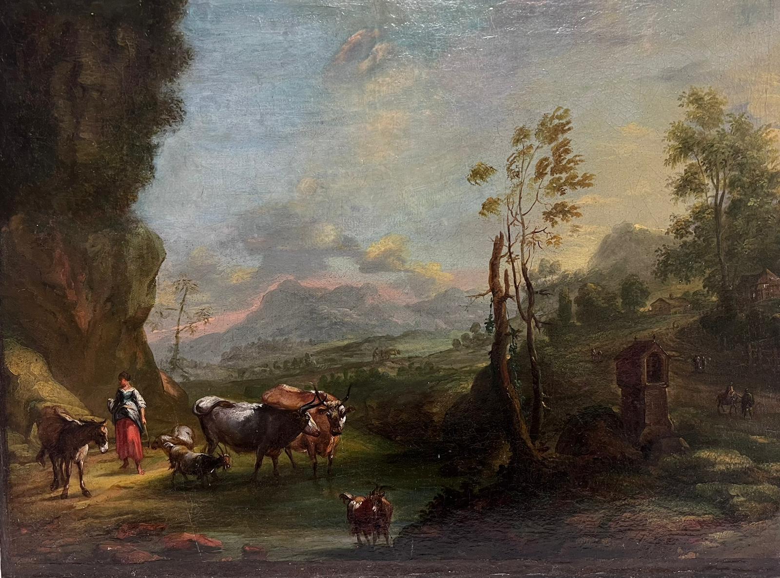 Fine 18th Century Italian Old Master Oil Painting Berghers with Animals Sunset 