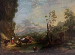 Fine 18th Century Italian Old Master Oil Painting Berghers with Animals Sunset 