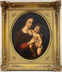 Belle peinture à l'huile italienne du 18ème siècle de maître ancien représentant Madone et enfant avec un épi de faîtage