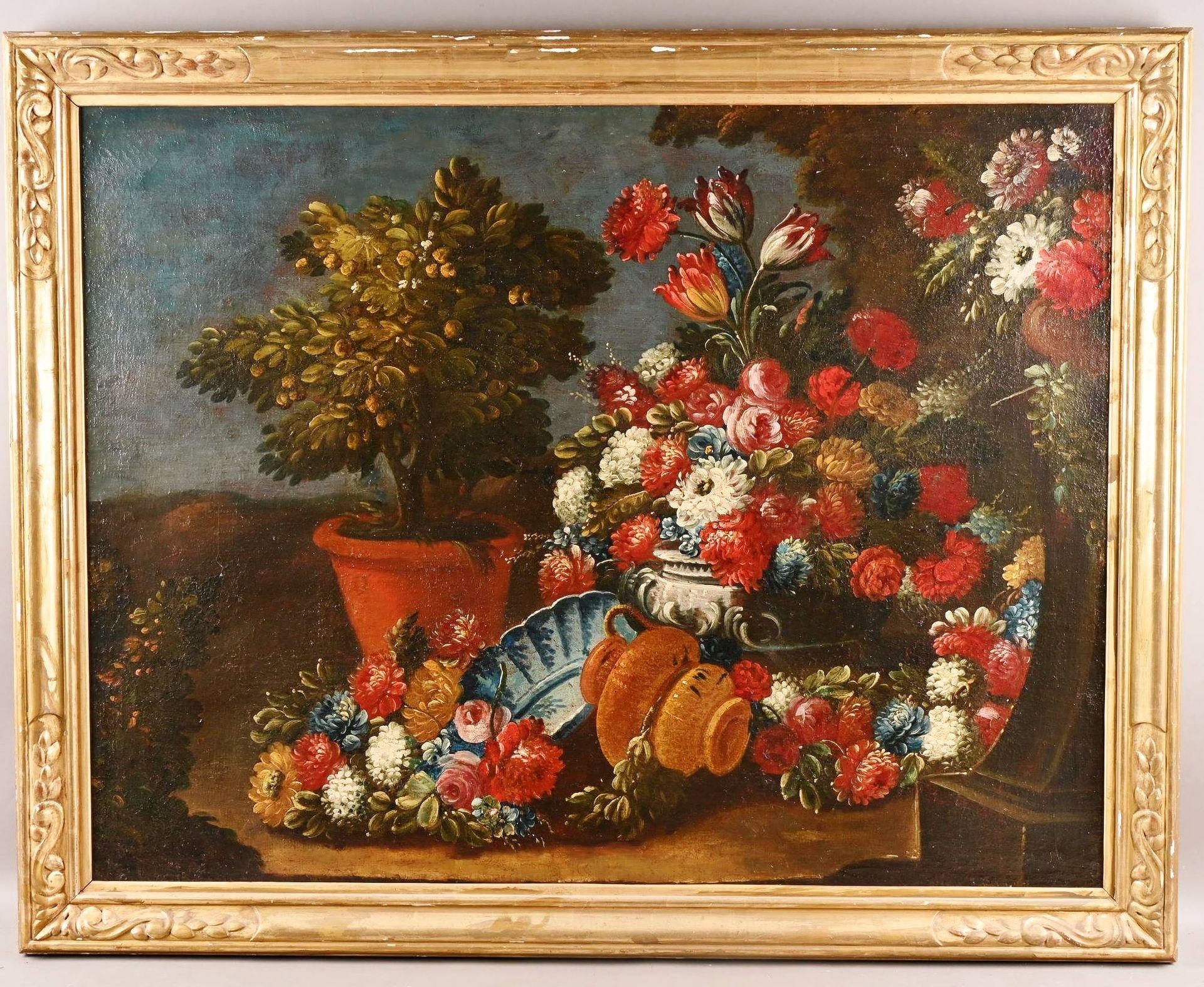 Italian 18th Century Landscape Painting – Großes italienisches Öl-Stillleben aus dem 18. Jahrhundert, klassische Blumen in Ornament-Fassung