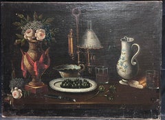 Huge 18th Century Italian Old Master Oil Painting Still Life Fruit Flowers & Jug