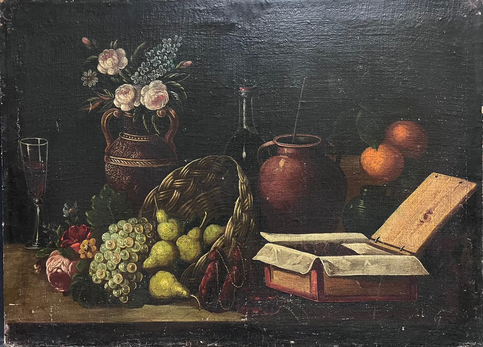 Großes italienisches Ölgemälde eines alten Meisters aus dem 18. Jahrhundert, Stillleben, Obst in Korb, Stillleben – Painting von Unknown