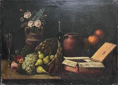 Huge 18th Century Italian Old Master Oil Painting Still Life Fruit in Basket