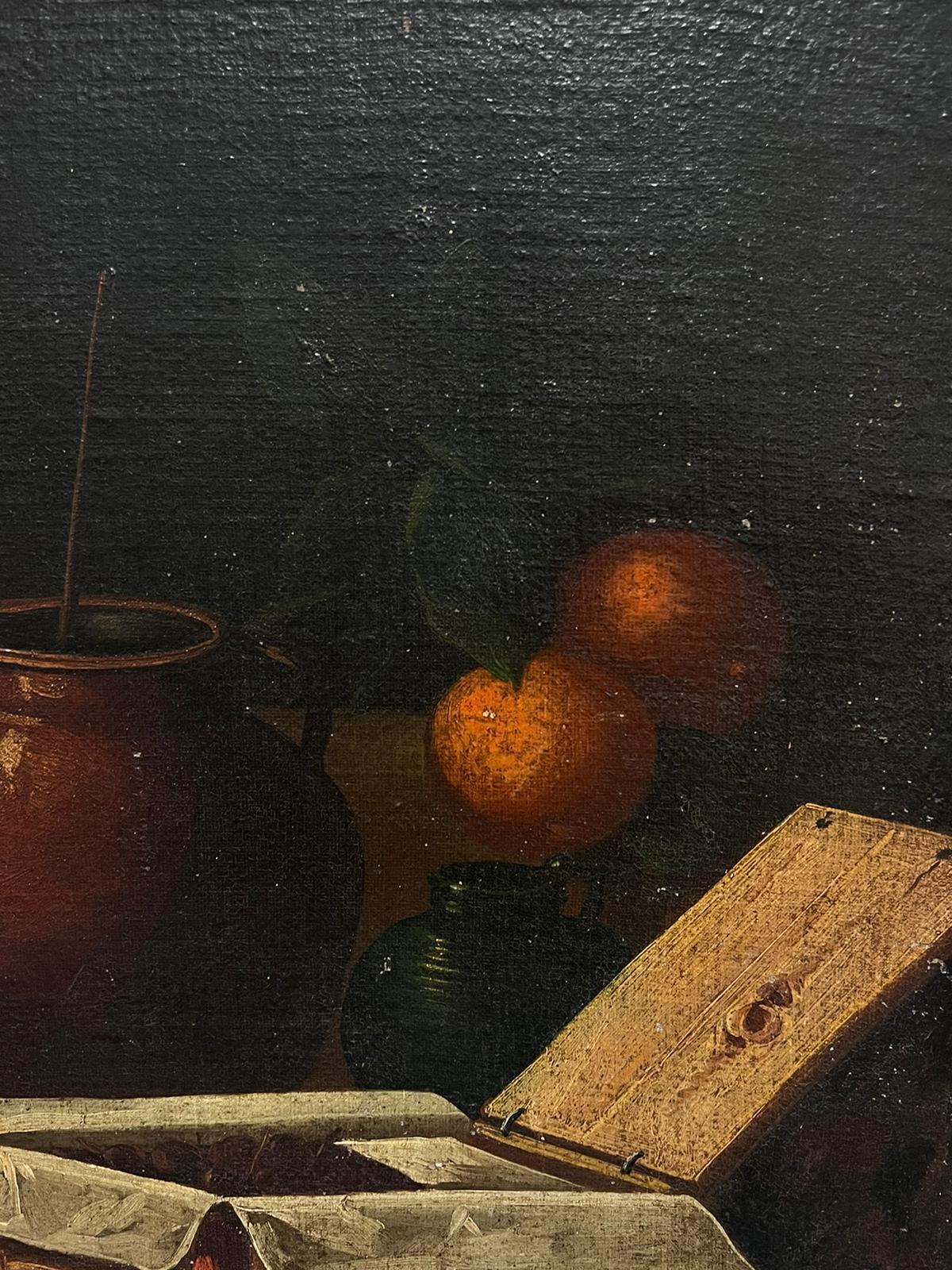 Classical Still Life of Fruit in Basket with other objects
Italian artist, 18th century
oil on canvas, unframed
canvas: 24.5 x 33 inches
provenance: private collection, UK
condition: some minor surface scuffs and scratches but overall good and sound