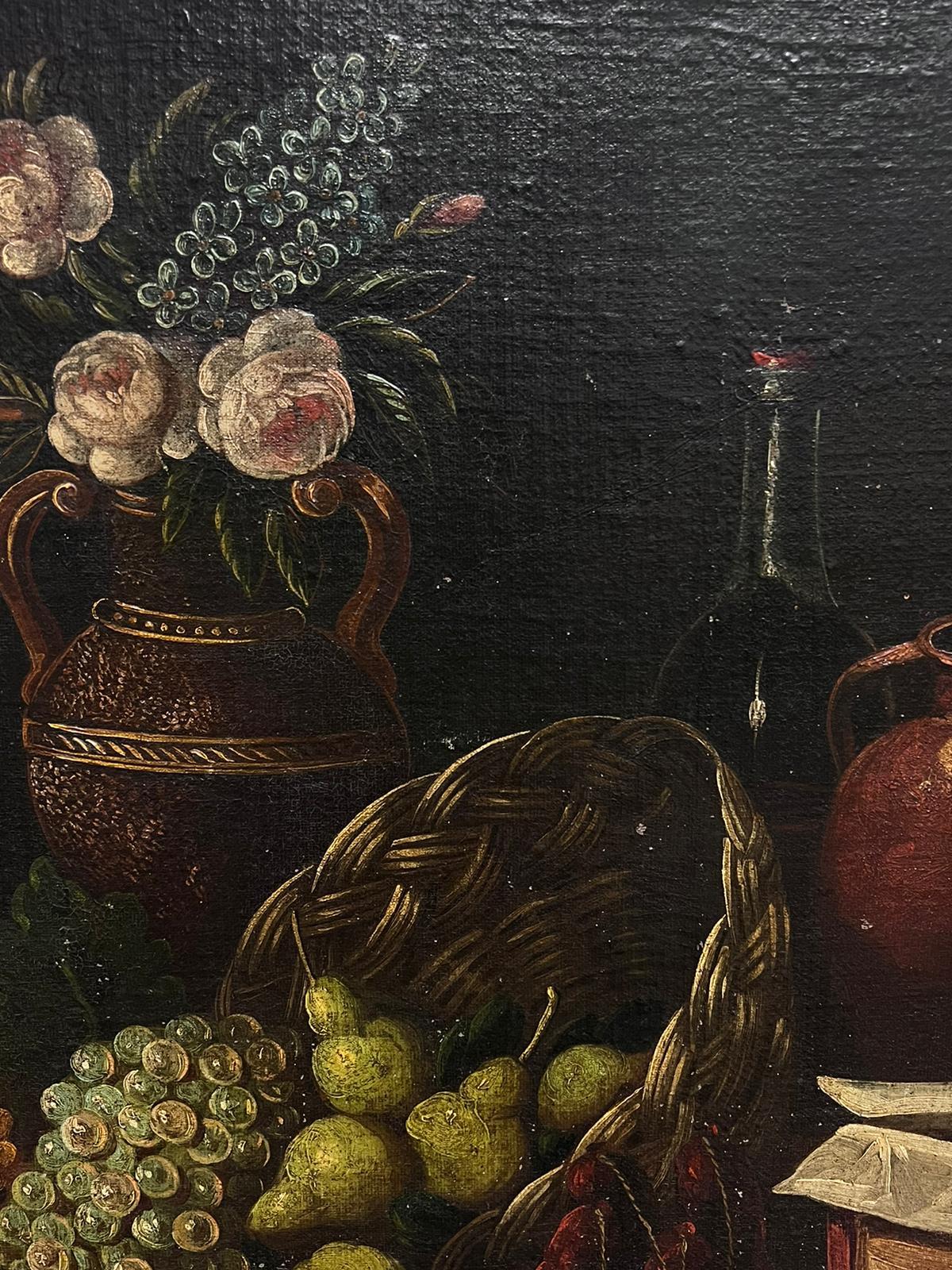 Huge 18th Century Italian Old Master Oil Painting Still Life Fruit in Basket - Black Interior Painting by Unknown