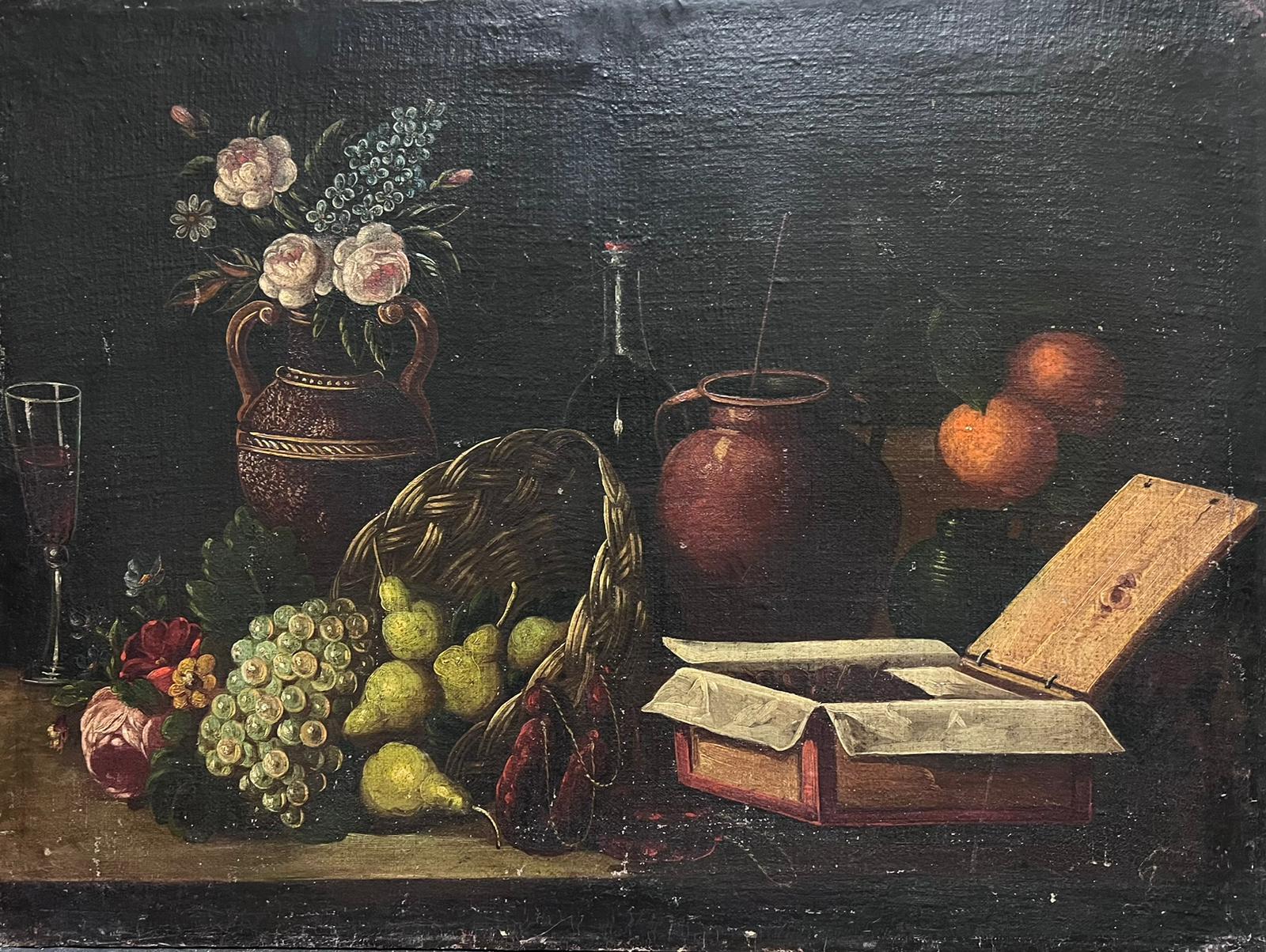 Immense peinture à l'huile italienne du 18e siècle de Masterly Nature morte aux fruits dans une corbeille