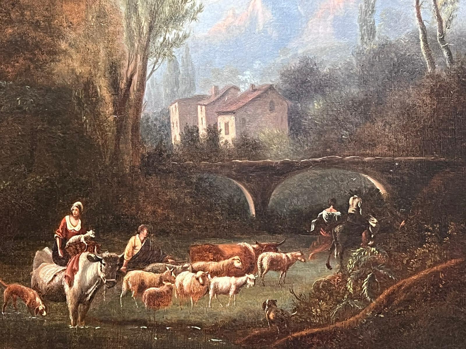 Grande olio italiano del 18° secolo, paesaggio romantico classico, figure e animali 7