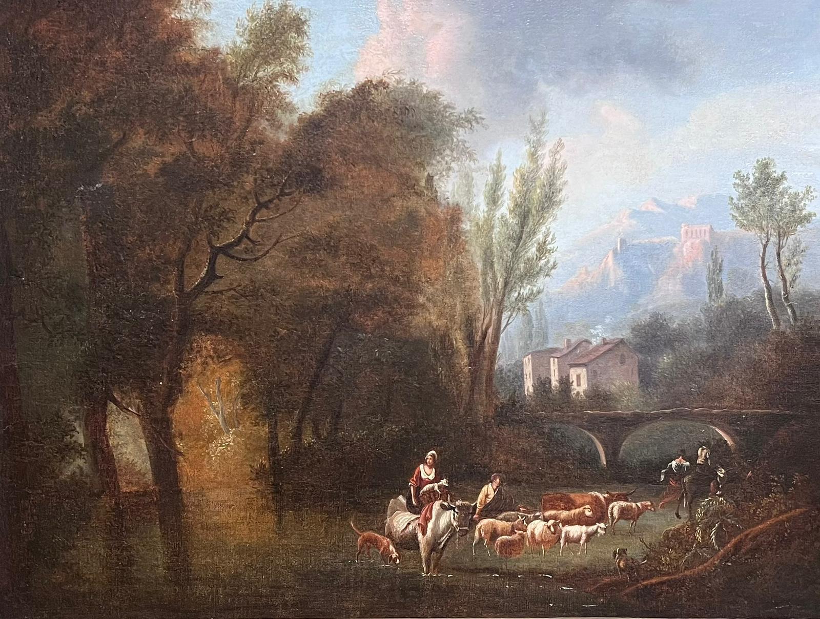 Grande olio italiano del 18° secolo, paesaggio romantico classico, figure e animali - Painting di Italian 18th Century