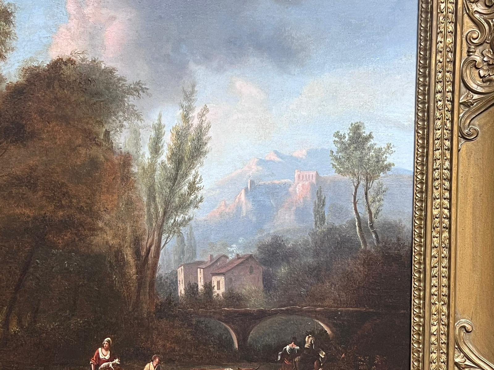 Grande olio italiano del 18° secolo, paesaggio romantico classico, figure e animali 2
