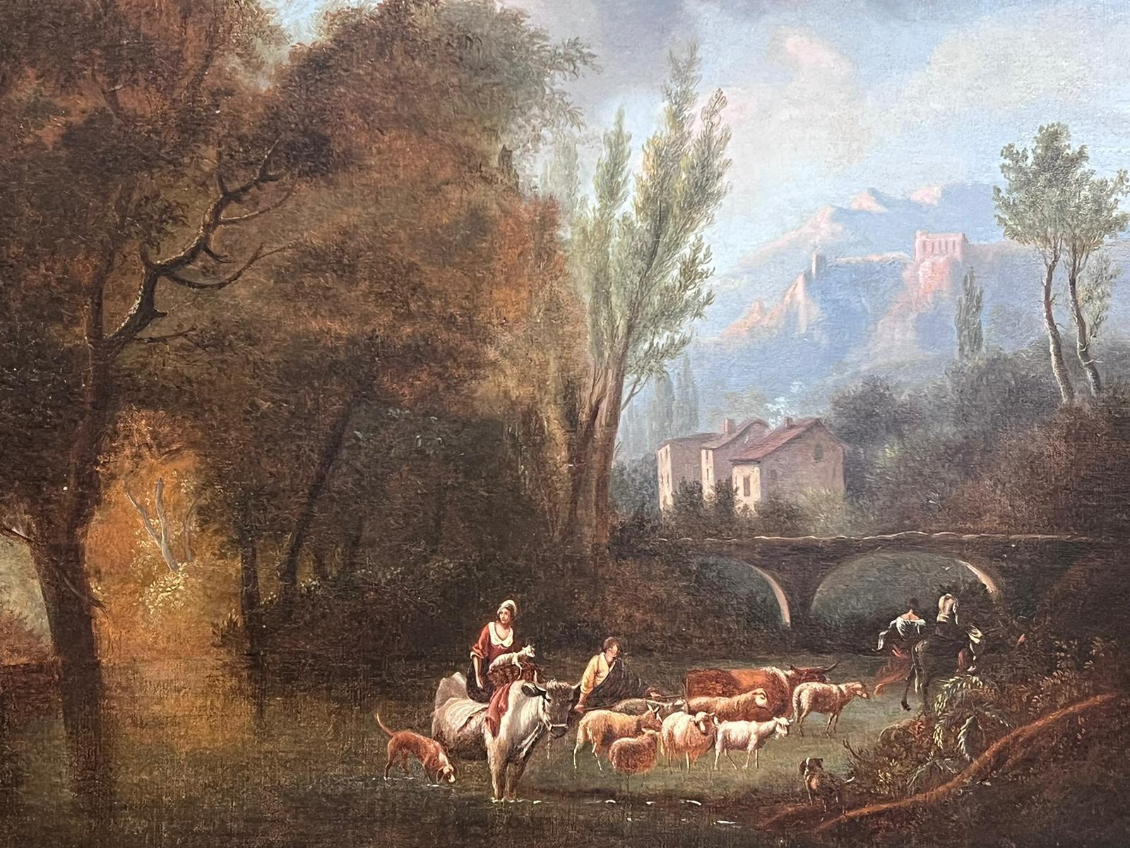 Grande olio italiano del 18° secolo, paesaggio romantico classico, figure e animali 4