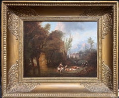 Grande huile italienne du 18e siècle Paysage classique romantique Figures Animaux 