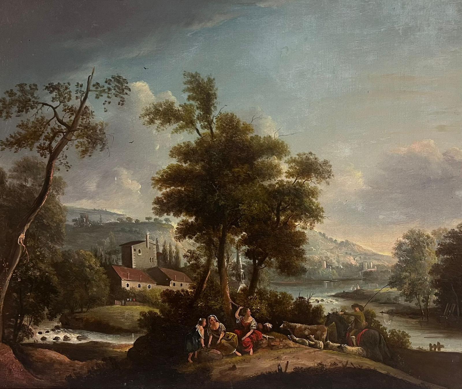 Romantico paesaggio ad olio italiano del XVIII secolo Figure e animali in un paesaggio aperto - Painting di Italian 18th Century