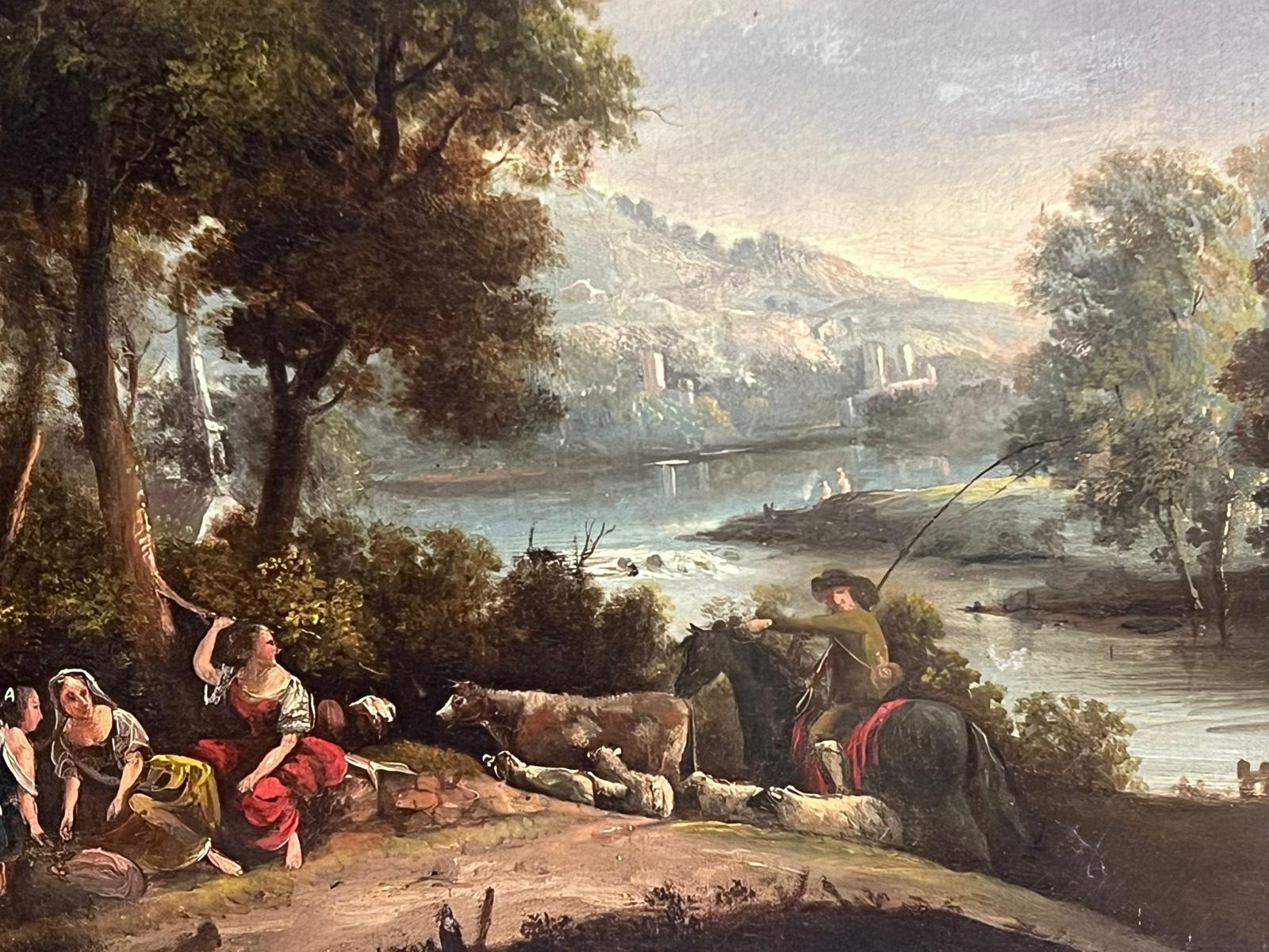 Romantico paesaggio ad olio italiano del XVIII secolo Figure e animali in un paesaggio aperto - Painting Antichi maestri di Italian 18th Century